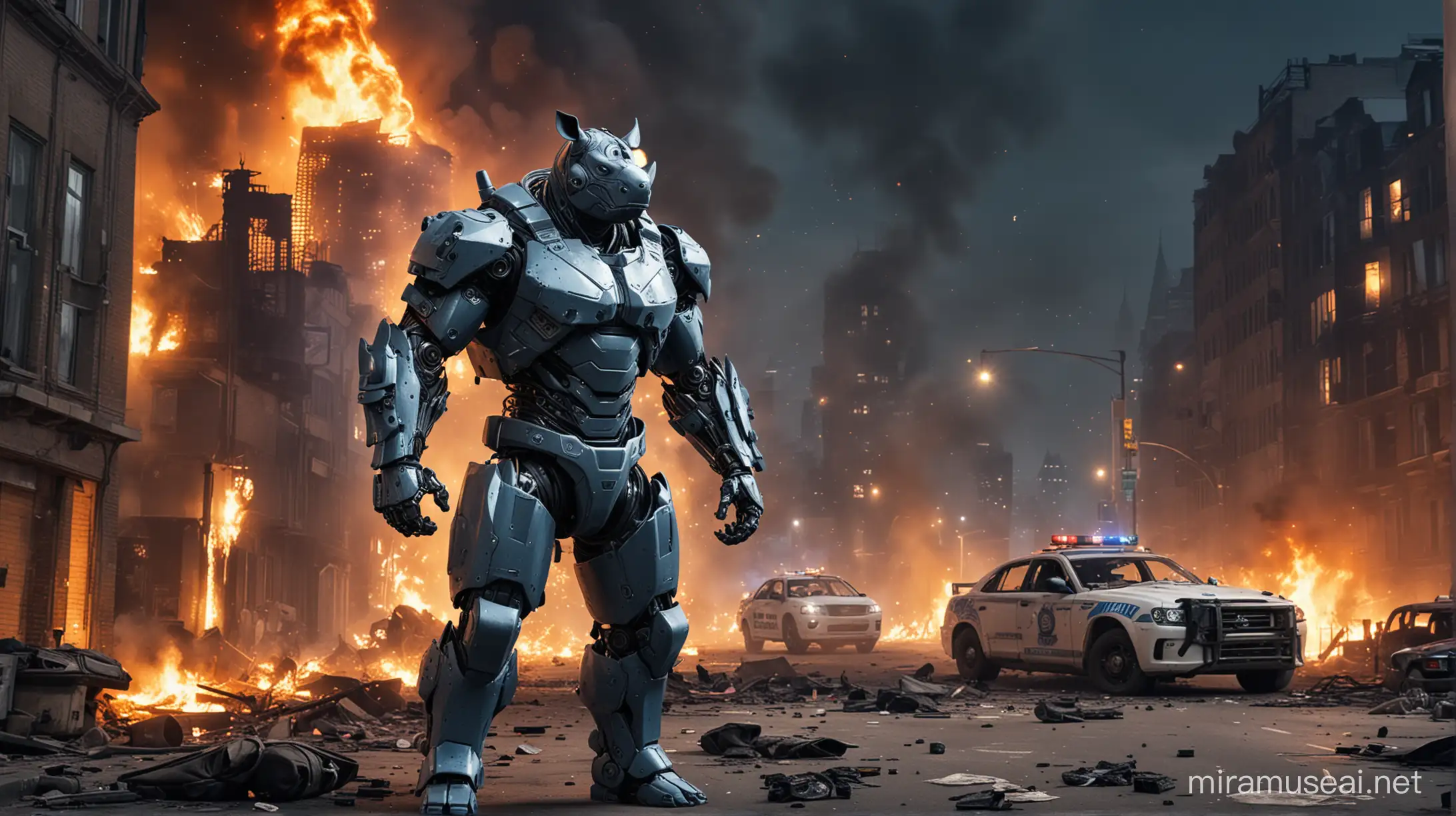 Night,a man as dress rhino robot destroyed city,police car,fire