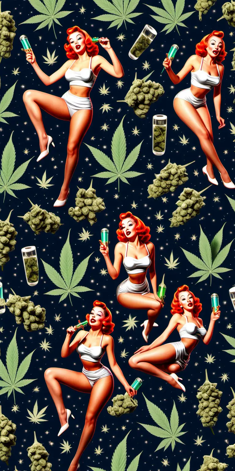 repeating pattern photo realistic cannabis buds, bongs and vintage pin up girls floating through space 