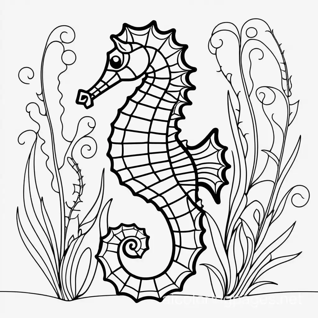 seahorse, Coloring Page, black and white, line art, white background, Simplicity, Ample White Space. The background of the coloring page is plain white to make it easy for young children to color within the lines. The outlines of all the subjects are easy to distinguish, making it simple for kids to color without too much difficulty