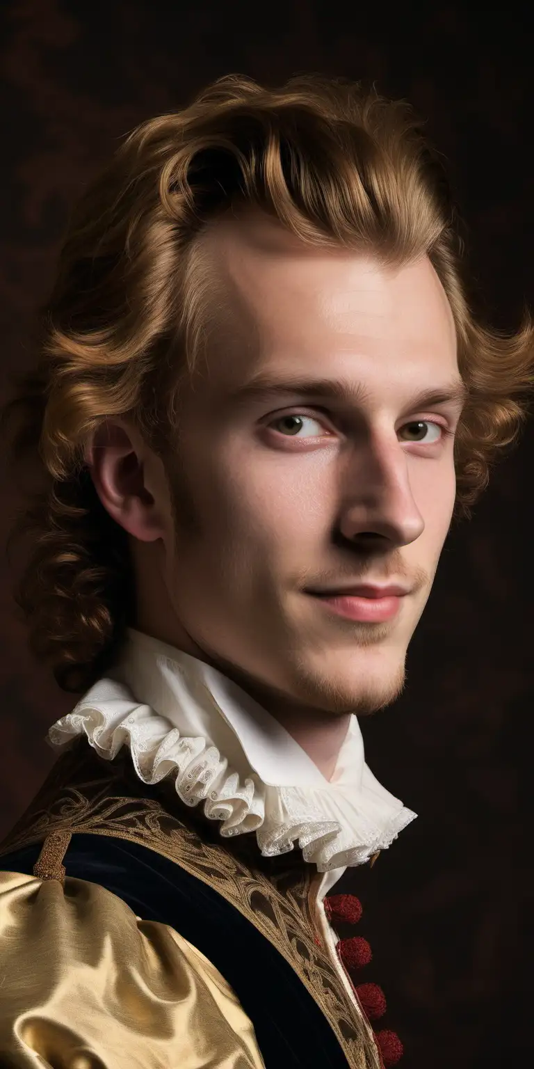 A side profile photo of a very attractive 20-year old Elizabethan aristocrat Henry Wriothesley, Third Earl of Southampton, with an arrogant smile staring into the distance, brown background, zoom out.


