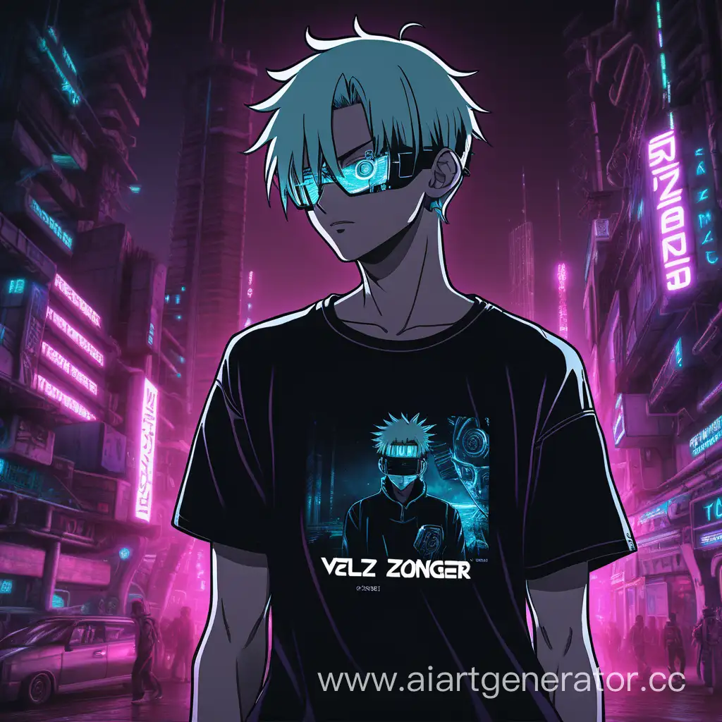 В стиле аниме с киберпанком, а фотографии человек в черной футболке с надписью "Velz zonger" сам человек скрыт во тьме и не видно его лицо