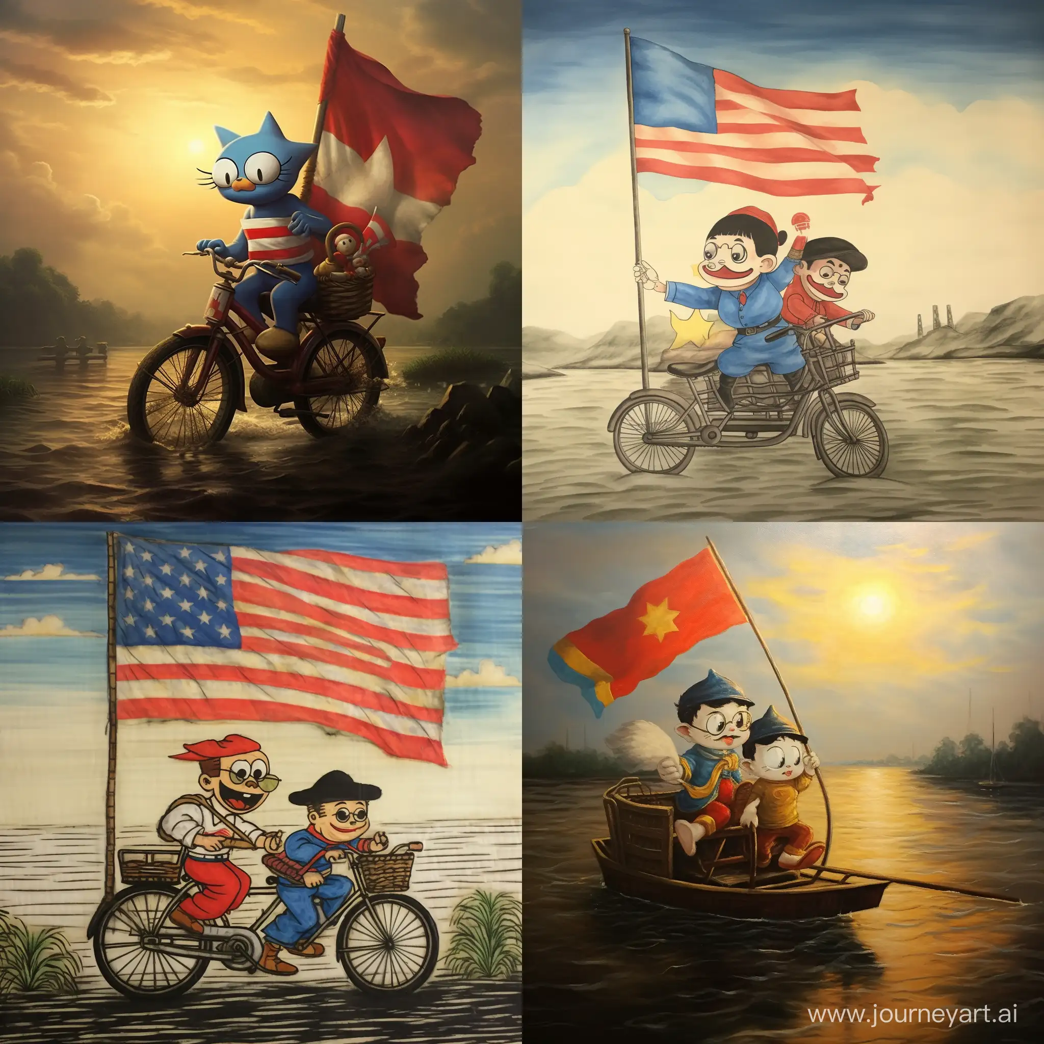 Doraemon-and-Nobita-Riding-Bike-on-Mississippi-River-Holding-Vietnamese-Flag