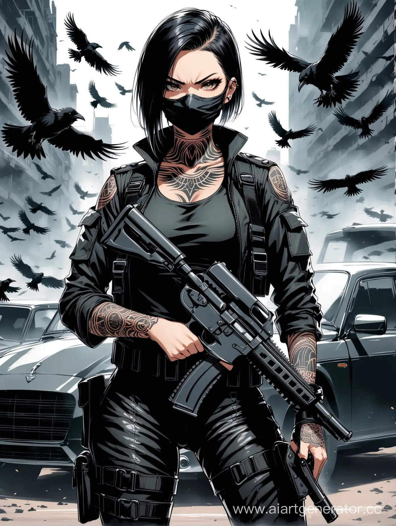 Девушка с выбритыми виском, с черными волосами, в татуировках, с двойной кобурой, одежда черная, стиль военный, с маской на лице, вокруг черные вороны и машина, боевой настрой 
