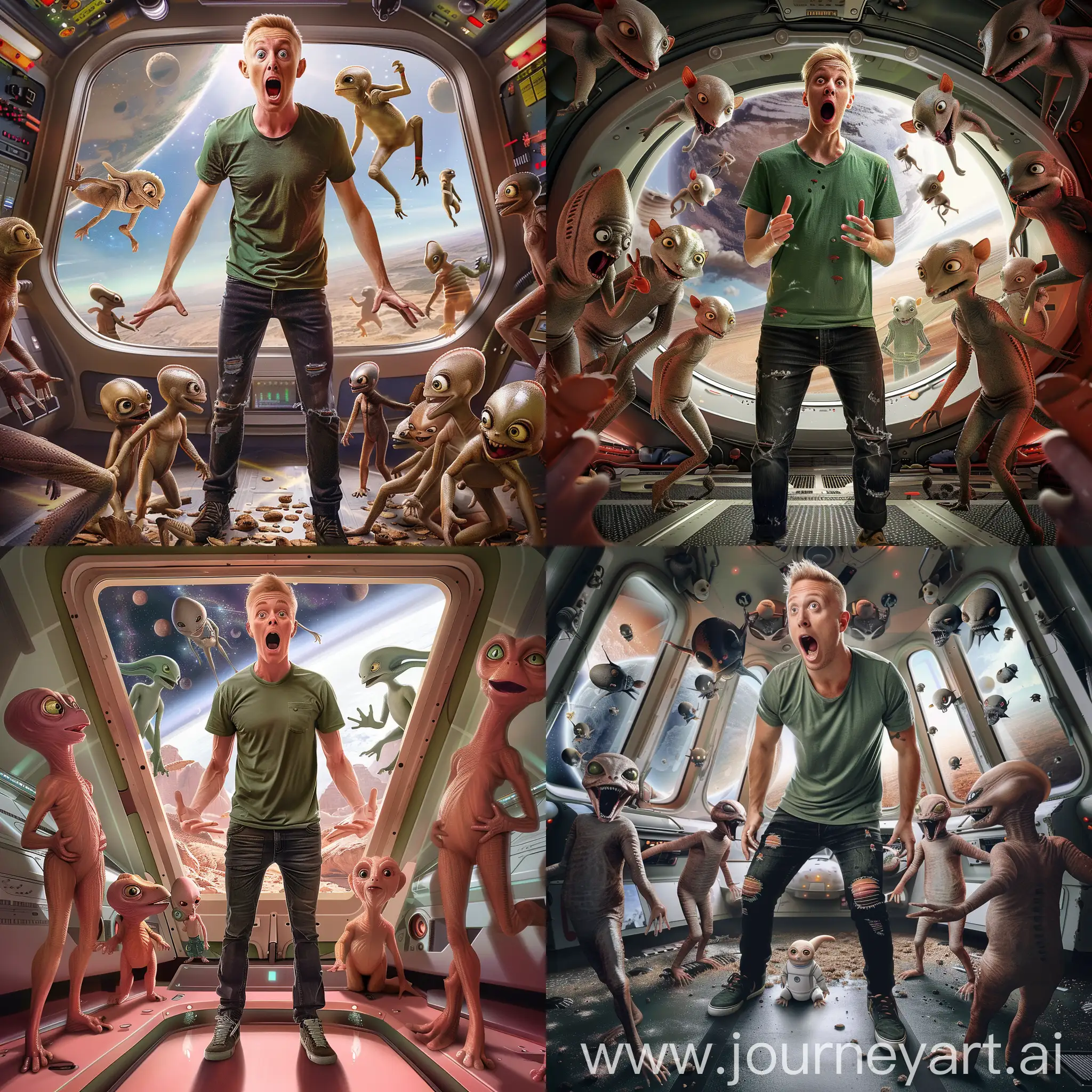 photorealistic image, thirty-year-old Australian man, short blond hair, green t-shirt and black jeans, expression of amazement, standing in a spaceship, surrounded by cute aliens, wide window in the background showing outer space
