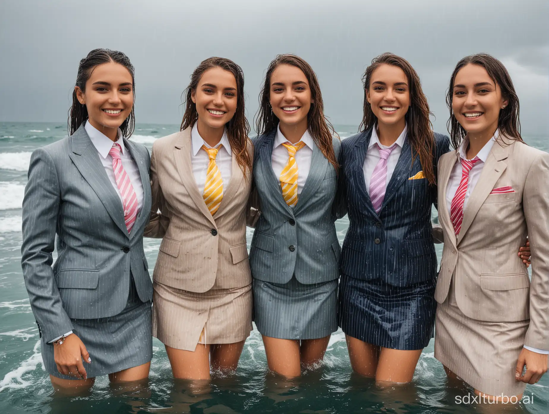 4 women in their 20s smiling wearing different color pin stripe office business suits with skirts chest deep in the ocean totally soaking wet with wet hair in the rain