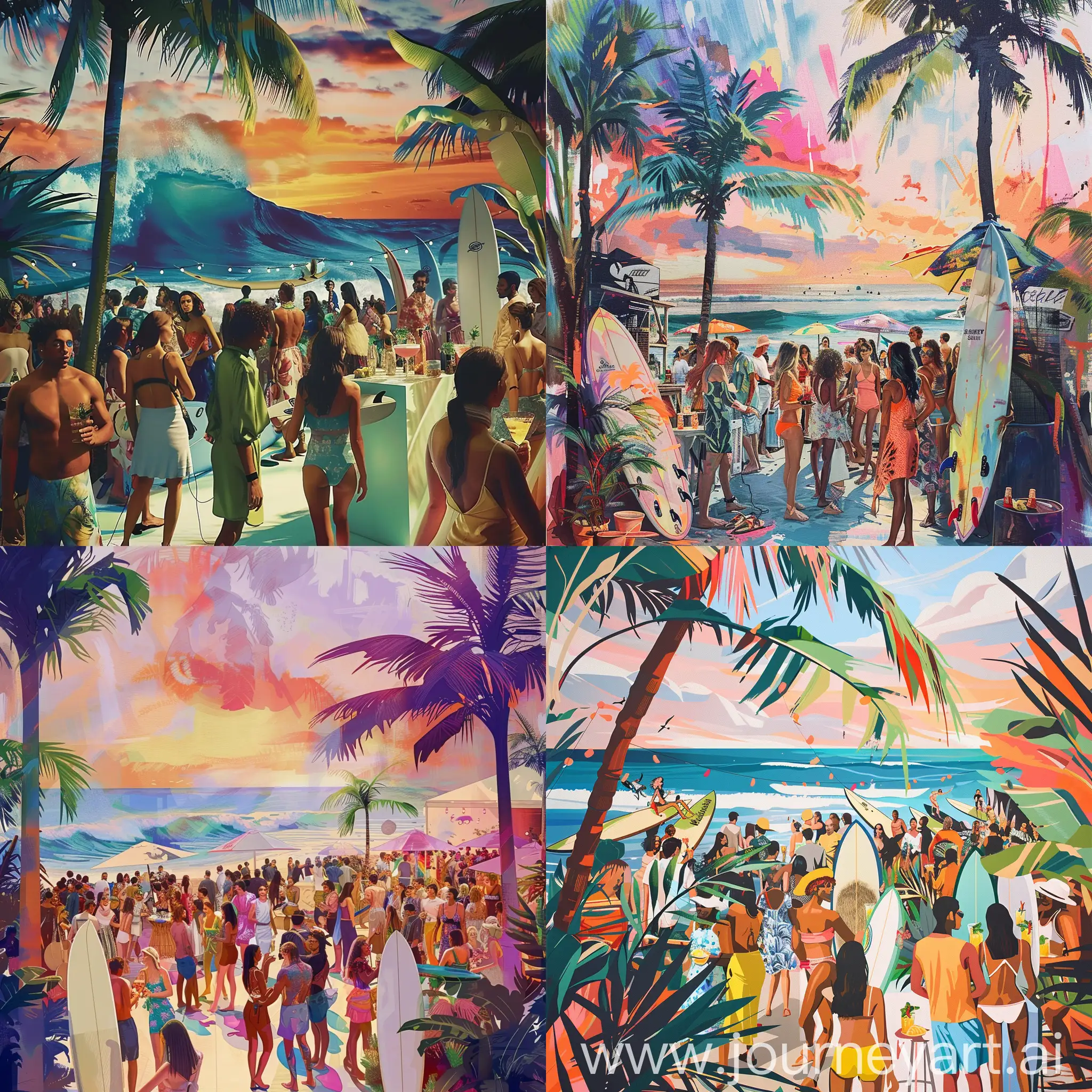 Generate an image capturing the vibrant atmosphere of a 'Surfer Night Launch Party' at the Reformation pop-up in Selfridges. Include elements such as surfboards, palm trees, beach-inspired decor, and a lively crowd enjoying tropical cocktails and live music. The scene should evoke the laid-back ambiance of a Miami beach party, with guests dressed in stylish beachwear and enjoying the festivities against a backdrop of ocean waves and sunset hues