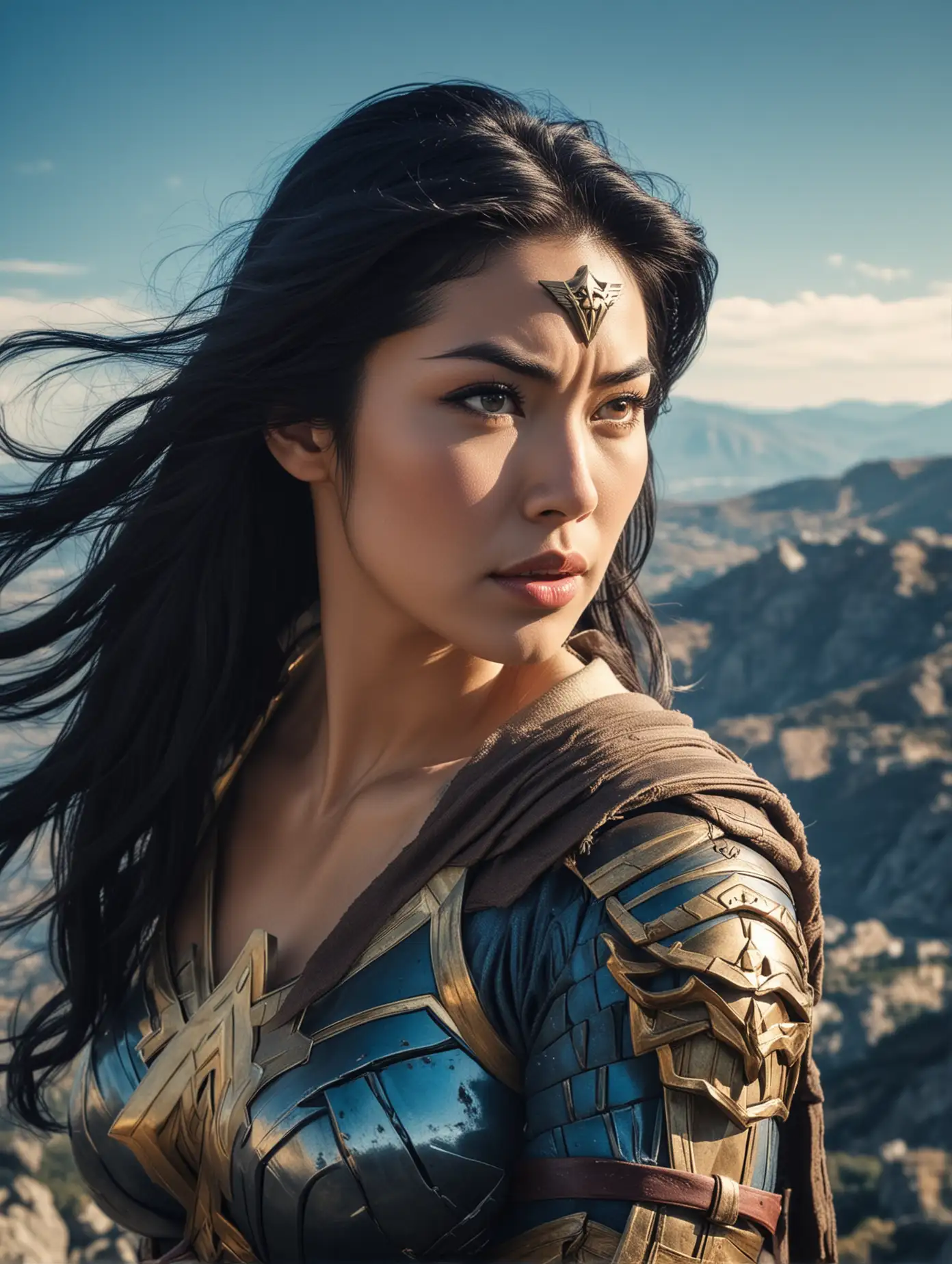 otograph, upper body shot, of a well built Samurai woman, face looking at the viewer, heroic pose,as Wonder Woman, long black hair, folded arms, on a mountain top, amazing blue sky, (masterpiece:1.0), (best quality:1.0), flash photography, realistic, dramatic lighting, analog-photo, Woman