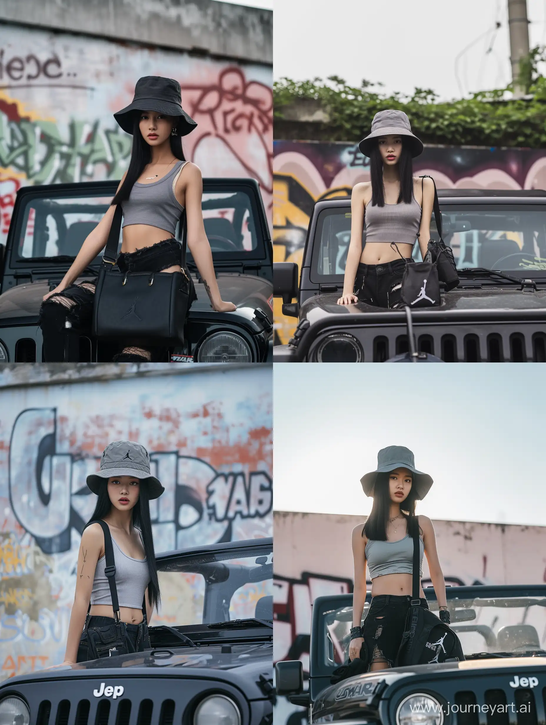 Beautiful Korean woman (25 years old, oval and clean face, ideal body, straight and neat black hair, Indonesian skin, wearing a tank top, bucket hat, black bag, ripped black trousers, and Jordan shoes. standing pose in a black jeep , photography style front photo, visible face, the woman is on top of the building, behind her there is a graffiti wall, the woman is holding a star wars sword, ultra HD bright atmosphere, original photo, high detail, very sharp, 18mm lens, realistic, photography, Leica camera
