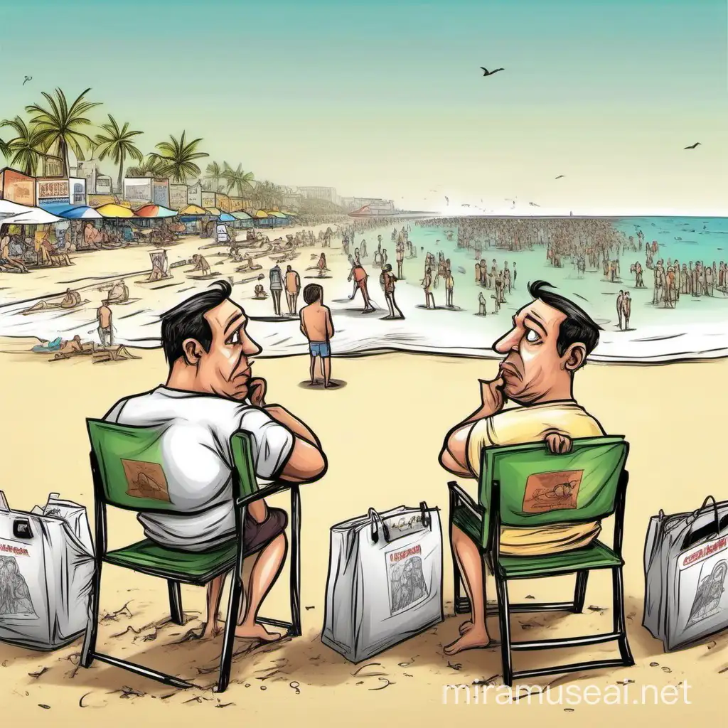 MAKE A CARICATURE- EXPECTATION VS REALITY AT A BEACH. IN EXPECTATION SHOW VERY PLEASANT AMBIANCE AND IN REALITY SHOW OVERCROWDING, GARBAGE LITTER ETC. SHOW A MAN THINKING AND CONFUSED IN BOTH THE CASES.