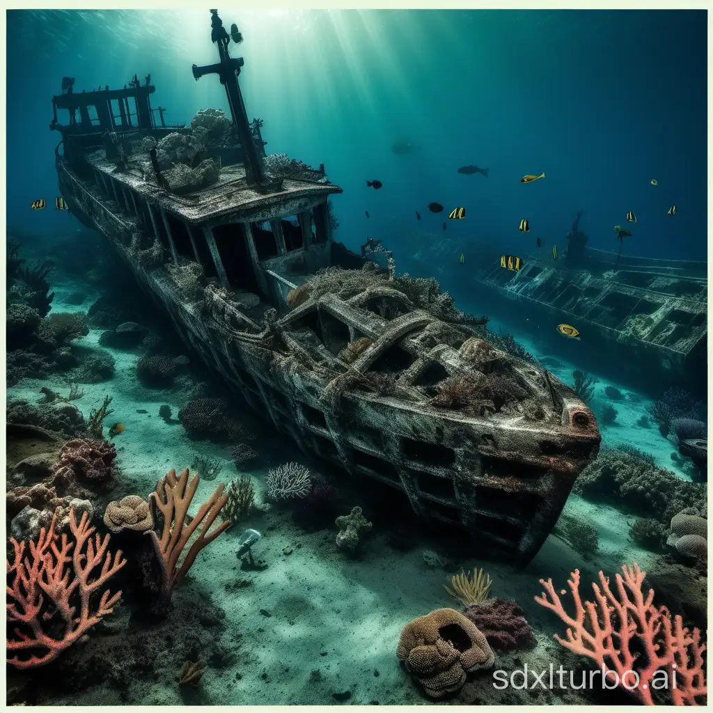 Underwater, coral reefs, sunken ships, corpses
