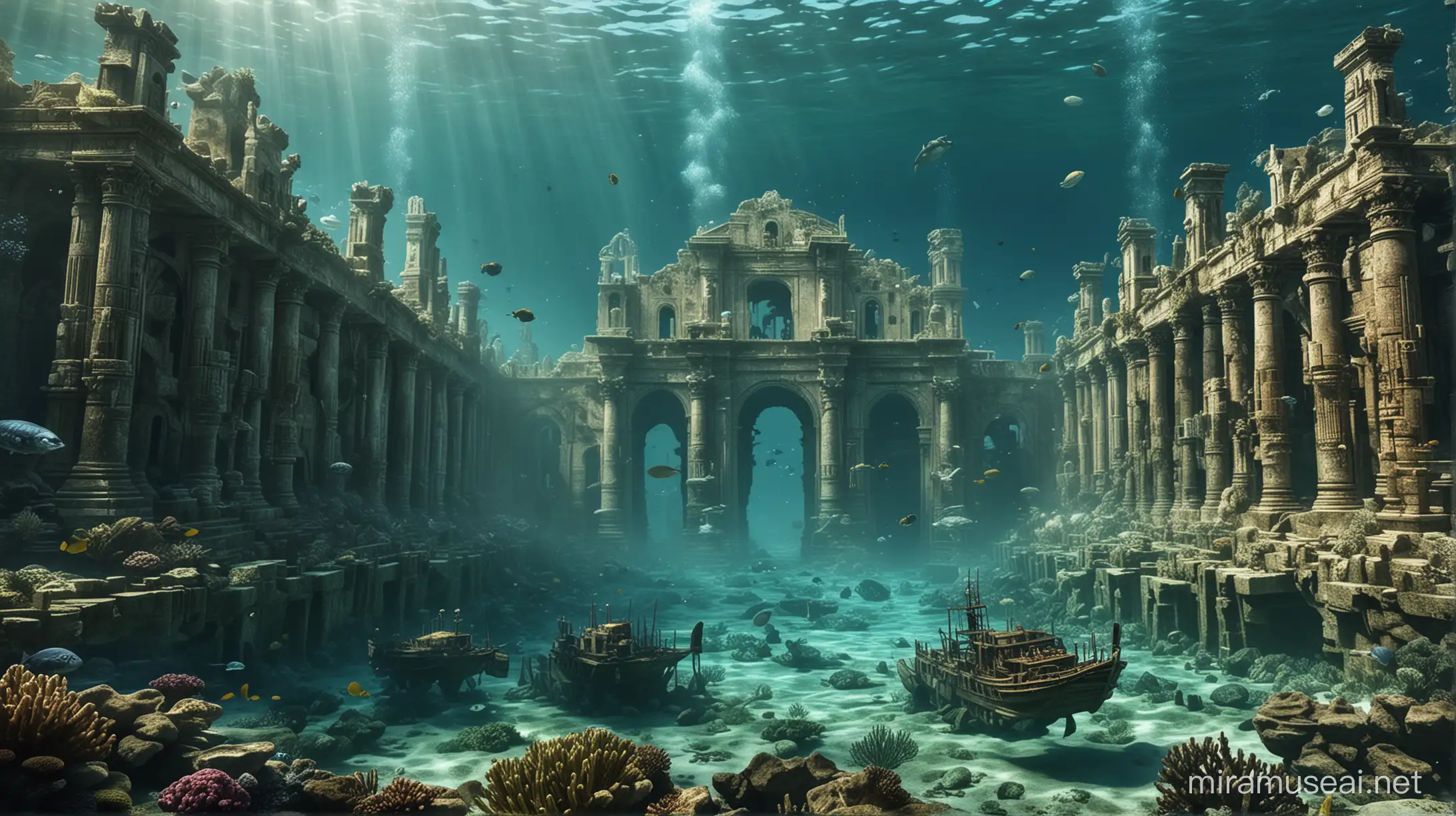 Majestic Underwater Ruins of Atlantis Ancient City and Exploration Vehicles