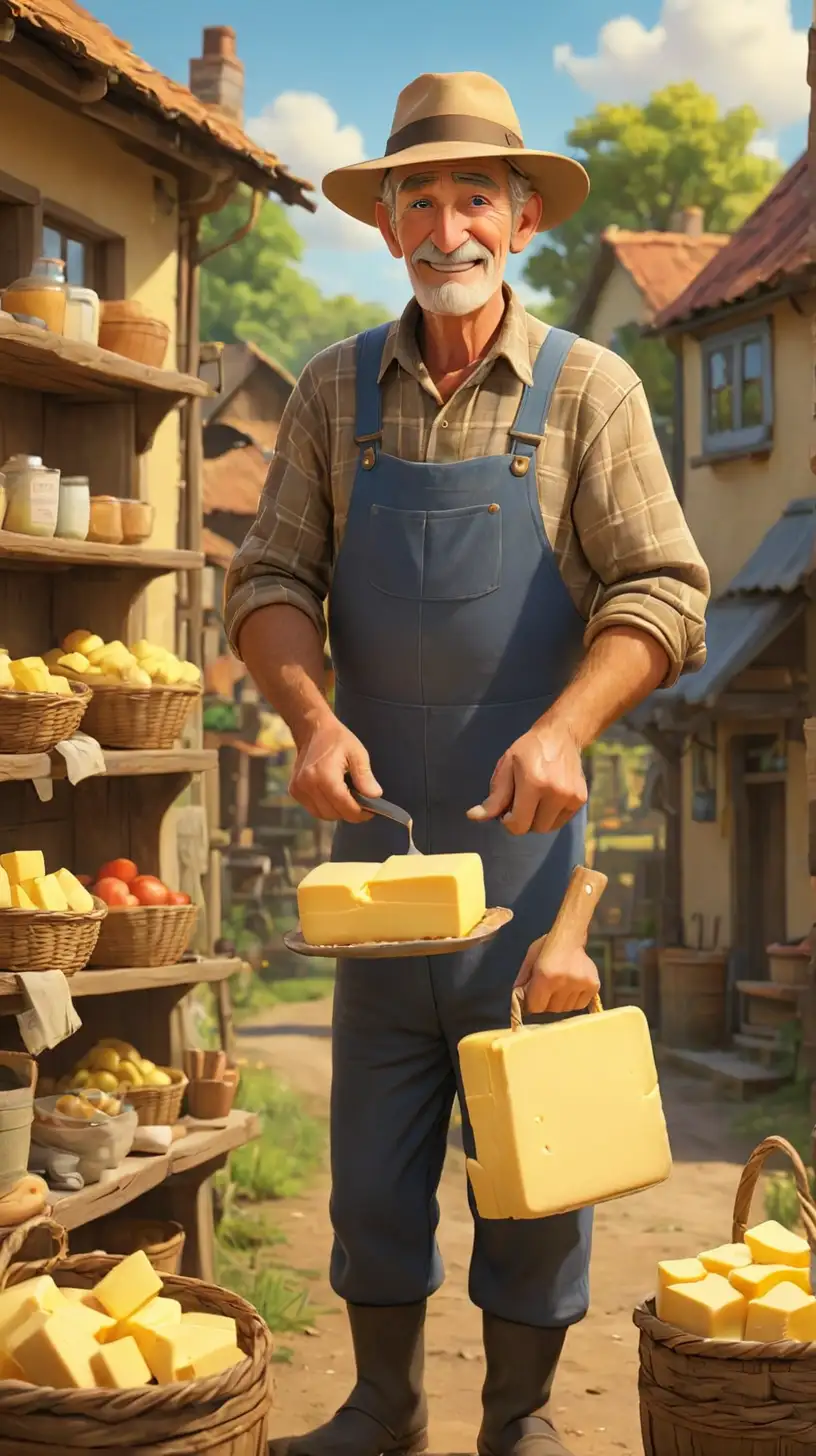 Create a 3D illustrator of an animated scene where a farmer in his 70s selling butter to a baker. Beautiful, mildly colourful and spirited background illustrations. 