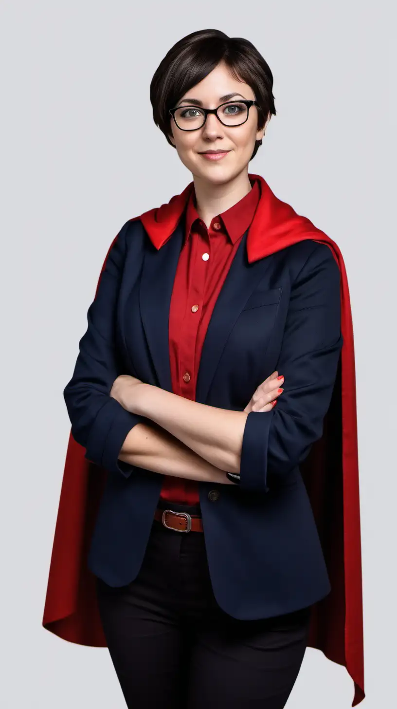 transparent background, professional woman with dark brown, short hair, wearing glasses and a navy blazer with red hero cape
