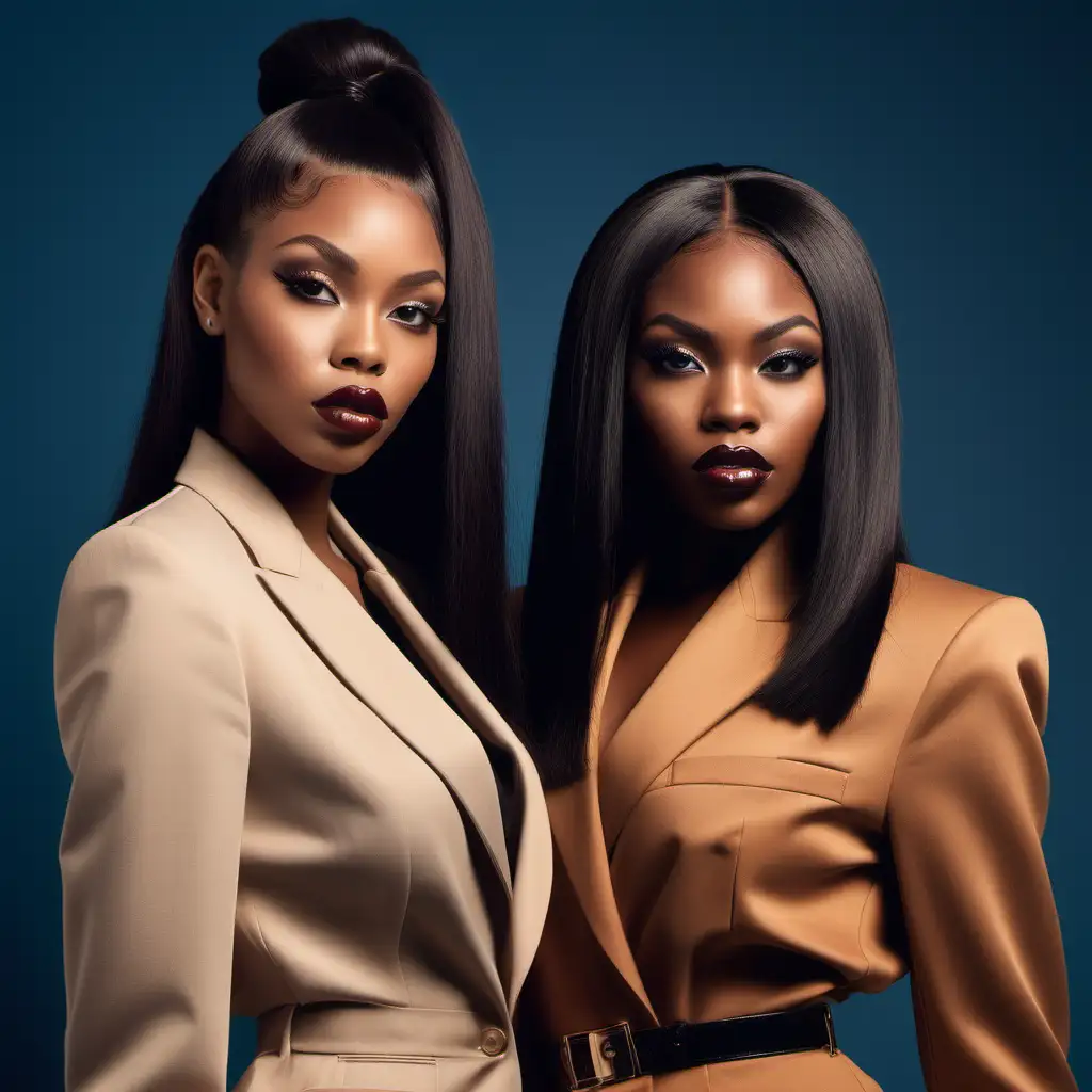 Craft a stunning full
portrait shot featuring
two African American
beauties with plump lips
sleek straight hair,
embodying the essence
of modern 'Instagram
baddies. Showcase their
confident allure, merging
contemporary style with
beauty, perfect for our
captivating Clothing 
campaign.
