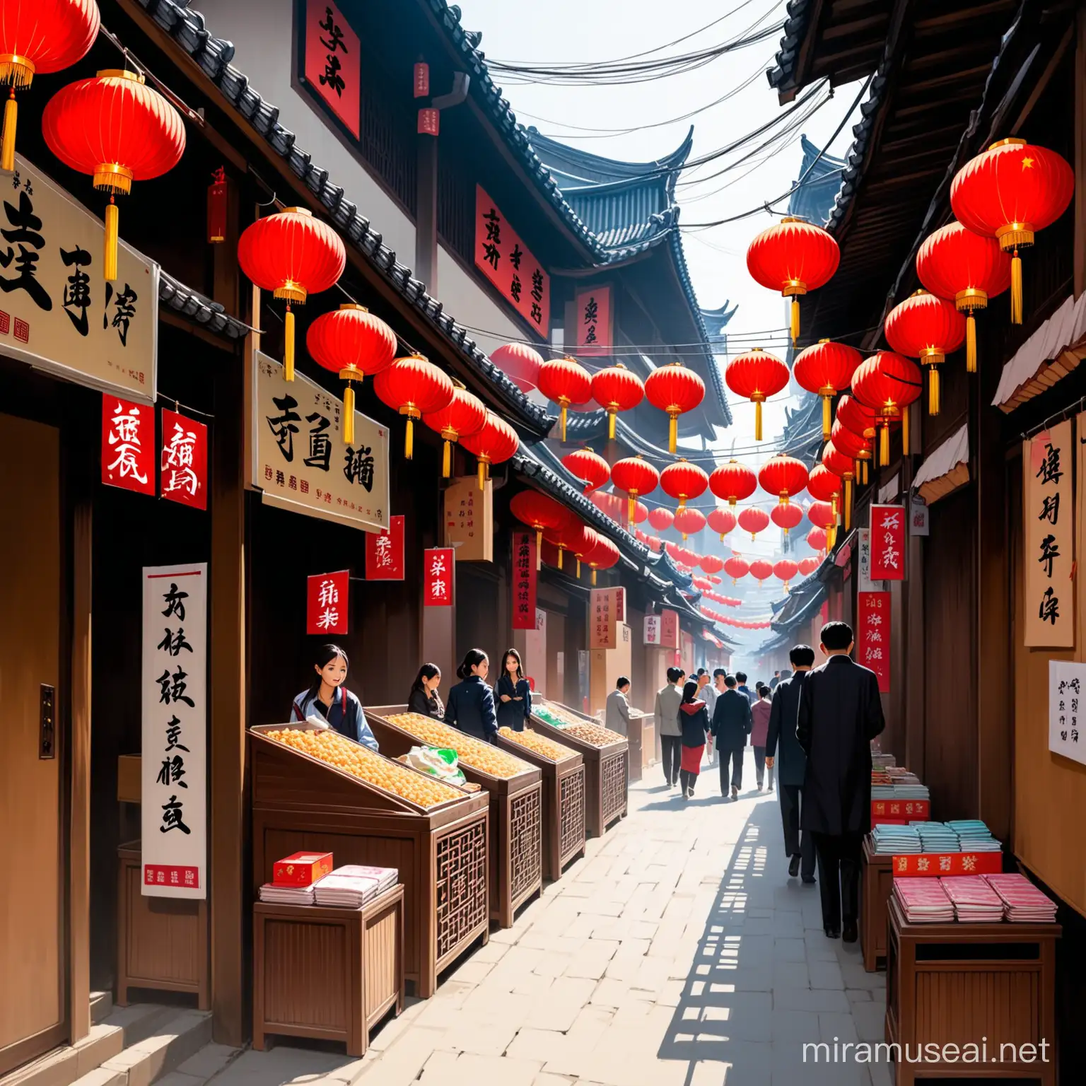 Busy Chinese Narrow Alleyway with Colorful Kiosks and Crowds