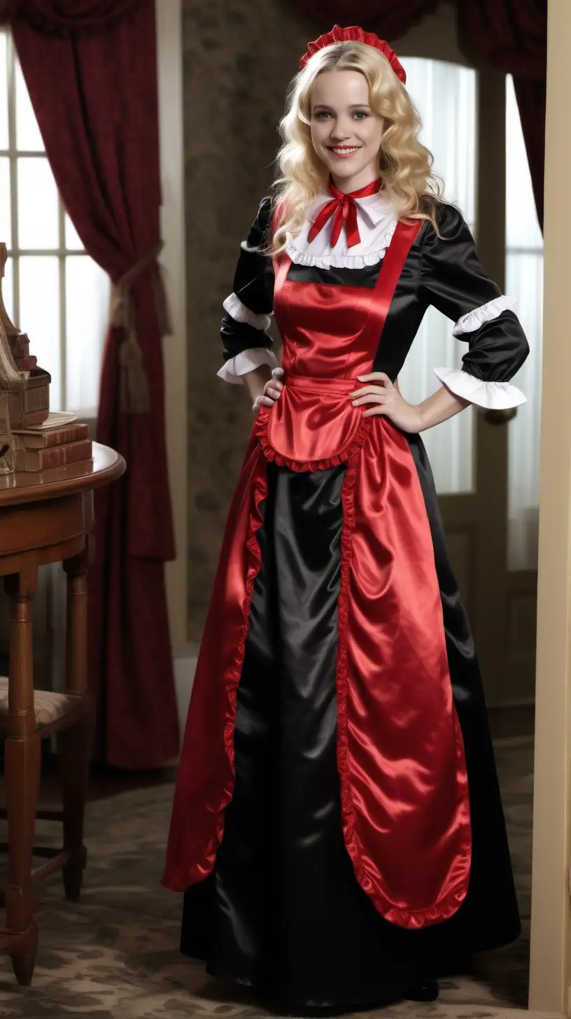 girls in long crystal silk satin red black lila retro victorian maid gown with red apron and peter pan colar and long and short sleeves costume and milf mothers long blonde and red hair,black hair rachel macadams  smile in big house