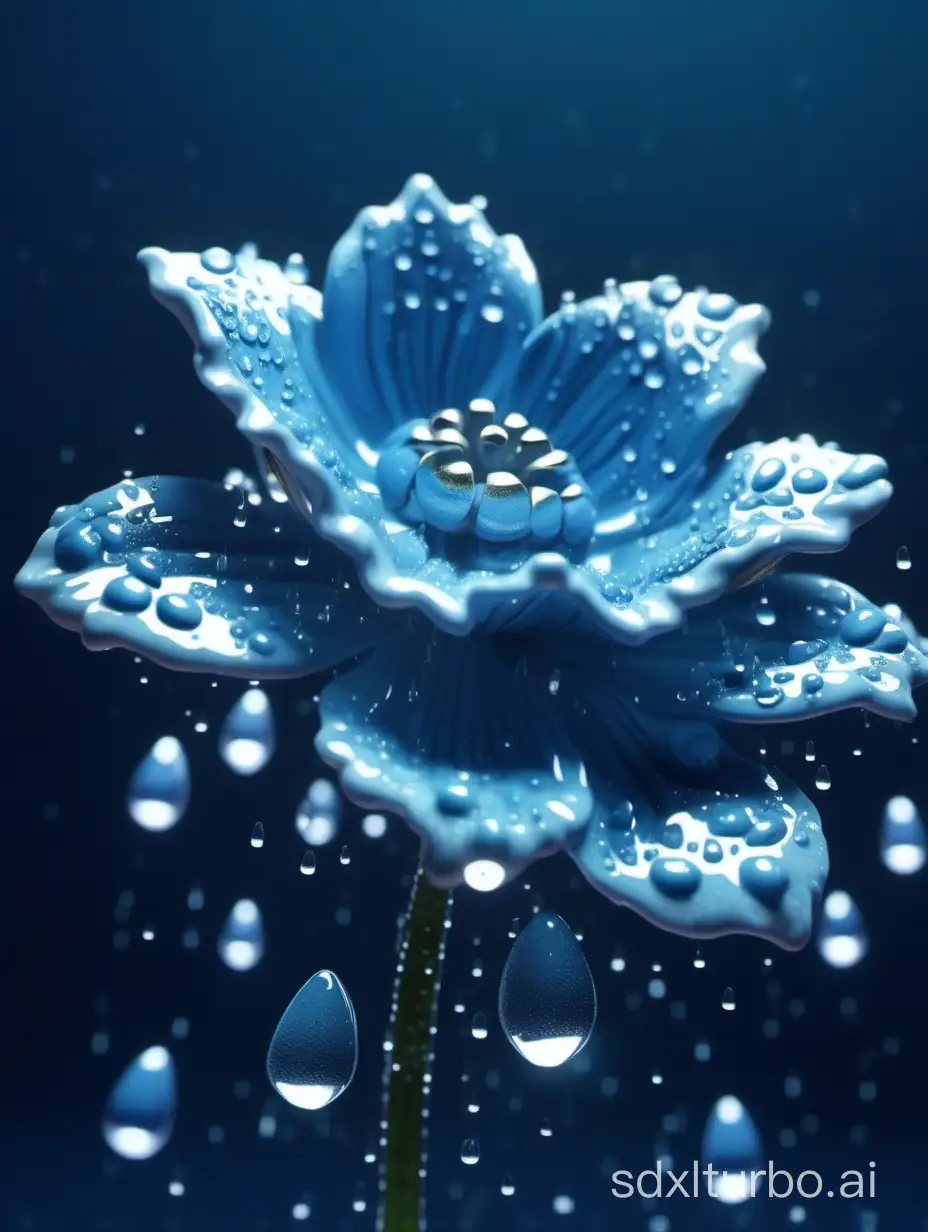 a porcelain flower with raindrops on its petals, blue lighting, cinematographic focus, baroque style, 4k, 3d, photorealistic with amazing details