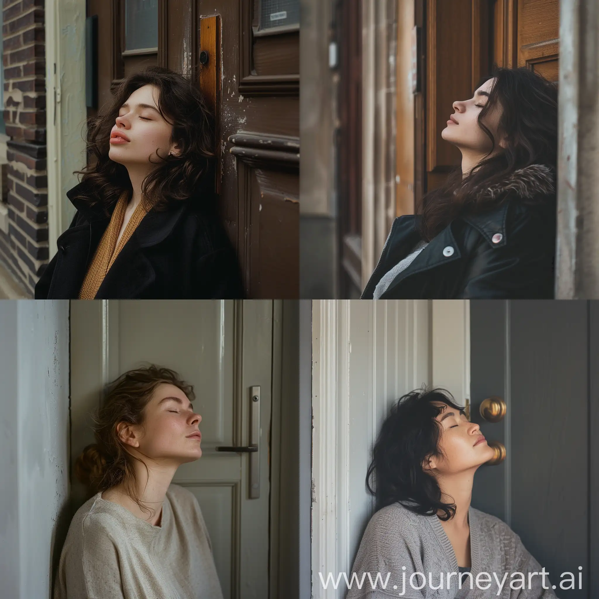 a tired woman with her eyes closed leans back against the closed front door of the apartment.