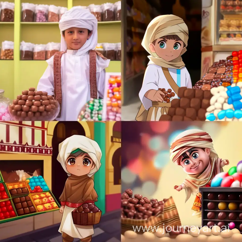 Yemeni-Child-in-Traditional-Attire-Sneaks-Coconut-Chocolate-Candy-from-Beige-Sweets-Store