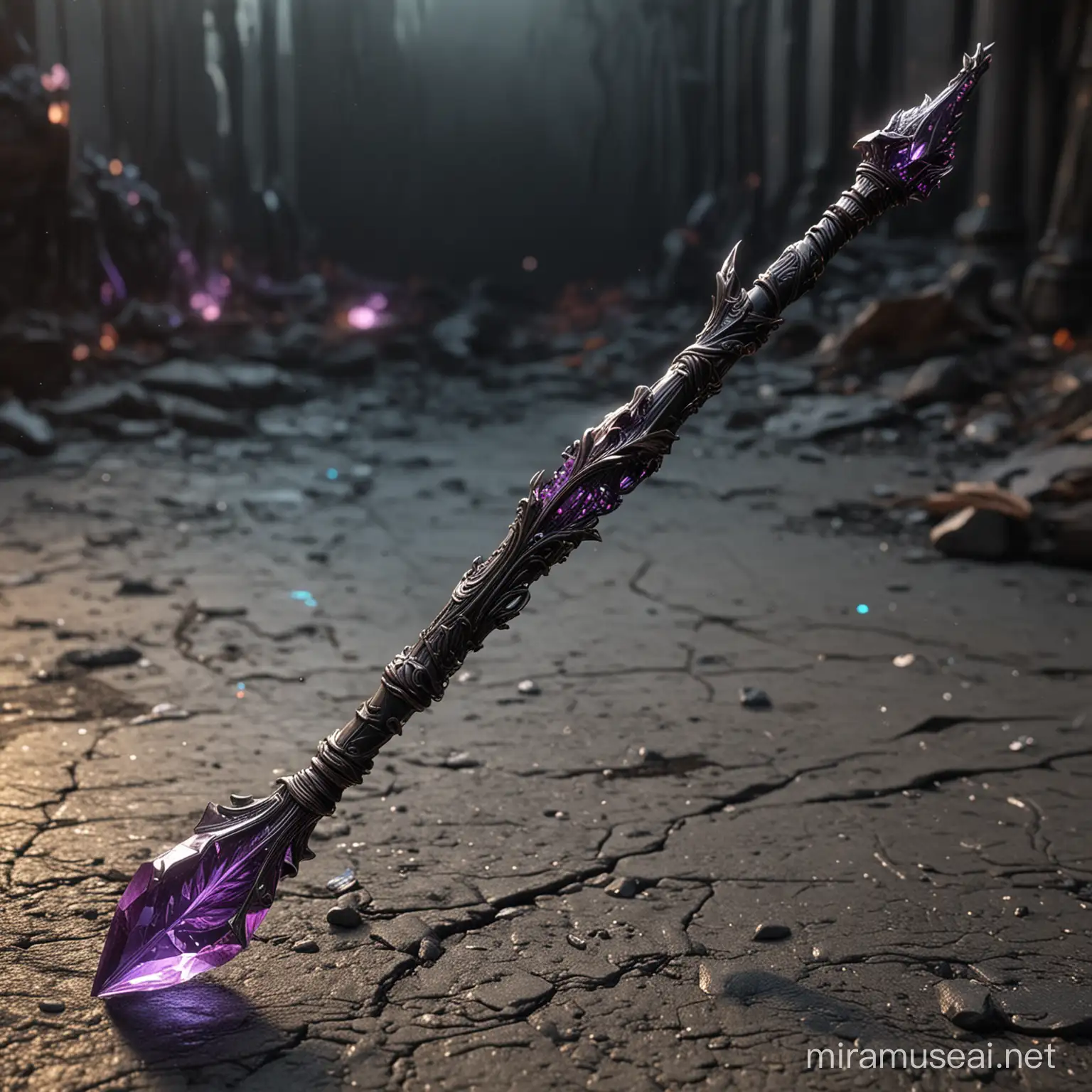 a black very long thin wood staff with a glowing leaf shaped purple crystal at the bottom, with purple glowing runes on the handle, silver metal, no background, artstation, dnd, heroic fantasy, ultra detailed, full length, full view, masterpiece, top quality, absudres, insanely detailed, sharp focus, studio photo, realistic and cinematic image, 4k, Broken Glass effect, no background, stunning, something that even doesn't exist, energy, molecular, textures, iridescent and luminescent scales, breathtaking beauty, pure perfection, divine presence, unforgettable, impressive, breathtaking beauty, Volumetric light, auras, rays, vivid colors reflects, sf, intricate artwork masterpiece, matte painting movie poster, golden ratio, trending on cgsociety, intricate, epic, trending on artstation, h. r. giger and beksinski, highly detailed, vibrant, ultra high quality model