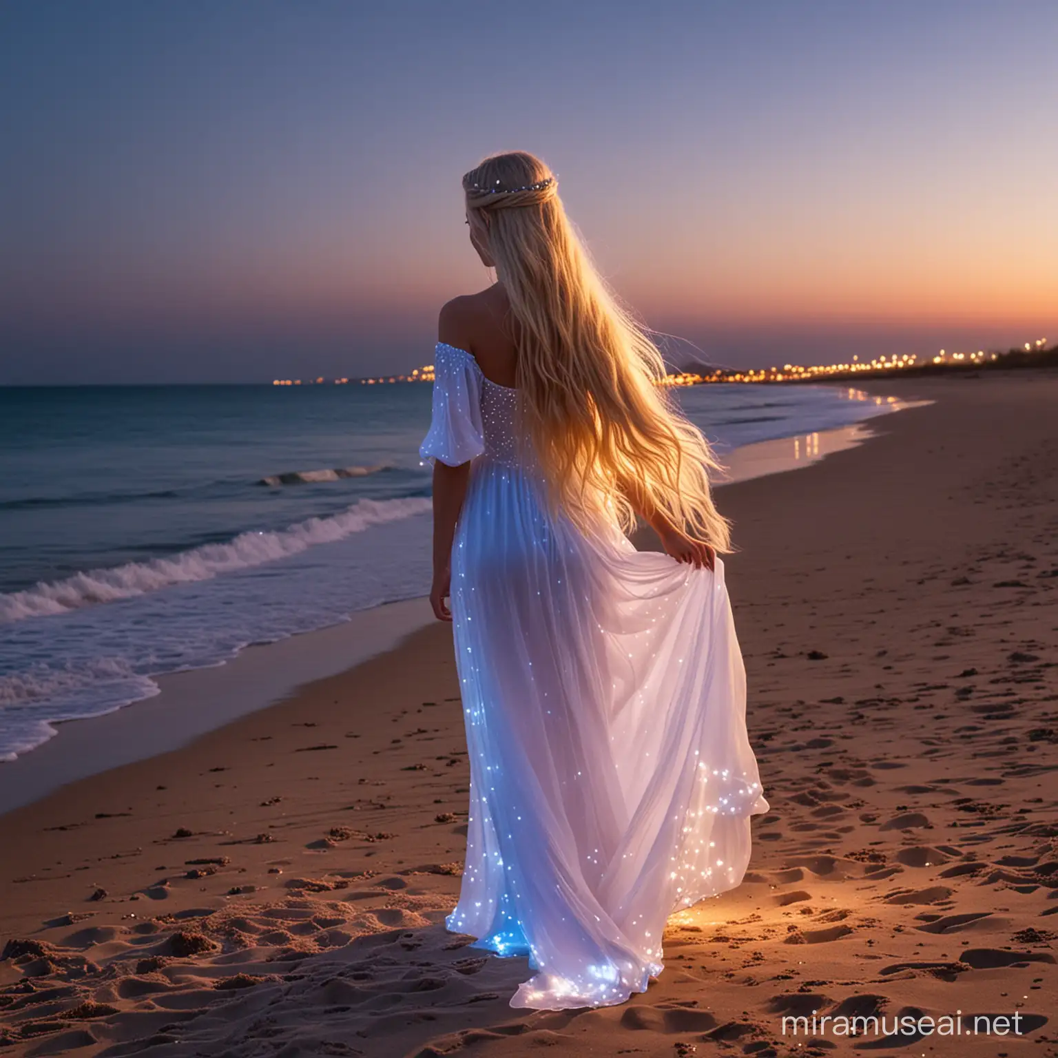 A blonde girl turned away, wearing very very long White, a little bit blue princess dress with neon lights all over. She turned away, she is at beach side we only can see her long straight rapunzel hair. The dress is glowing. Let the dress stand oıt