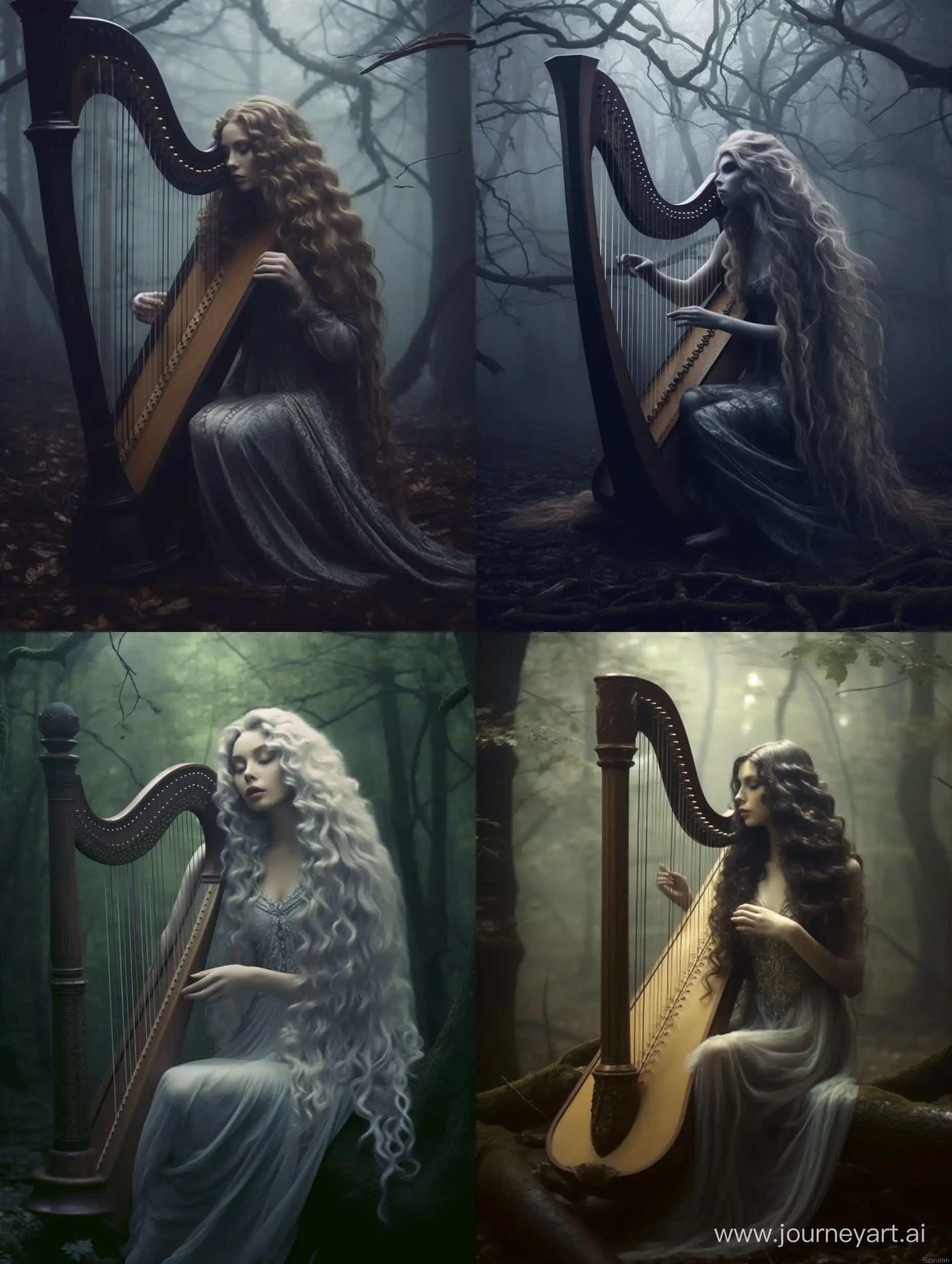 Breathtaking surreal Moonlit spectre Harpist with long flowy hair playing a large beautiful intricately detailed harp in Misty Autumn Forest