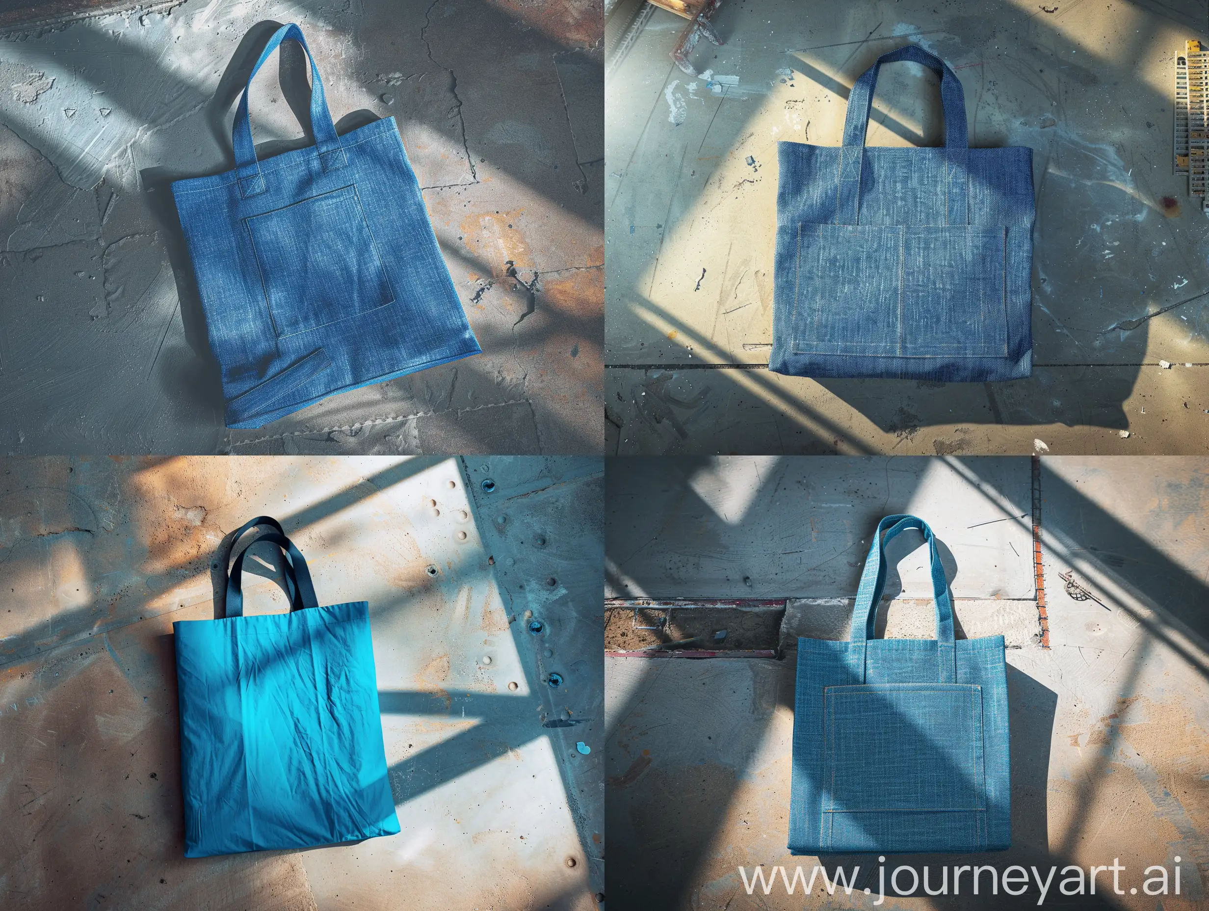 blue tote bag made with a light weight fabric layed on a concrete floor of a under construction building with sunlight on it, top view, Highly detailed,  high quality