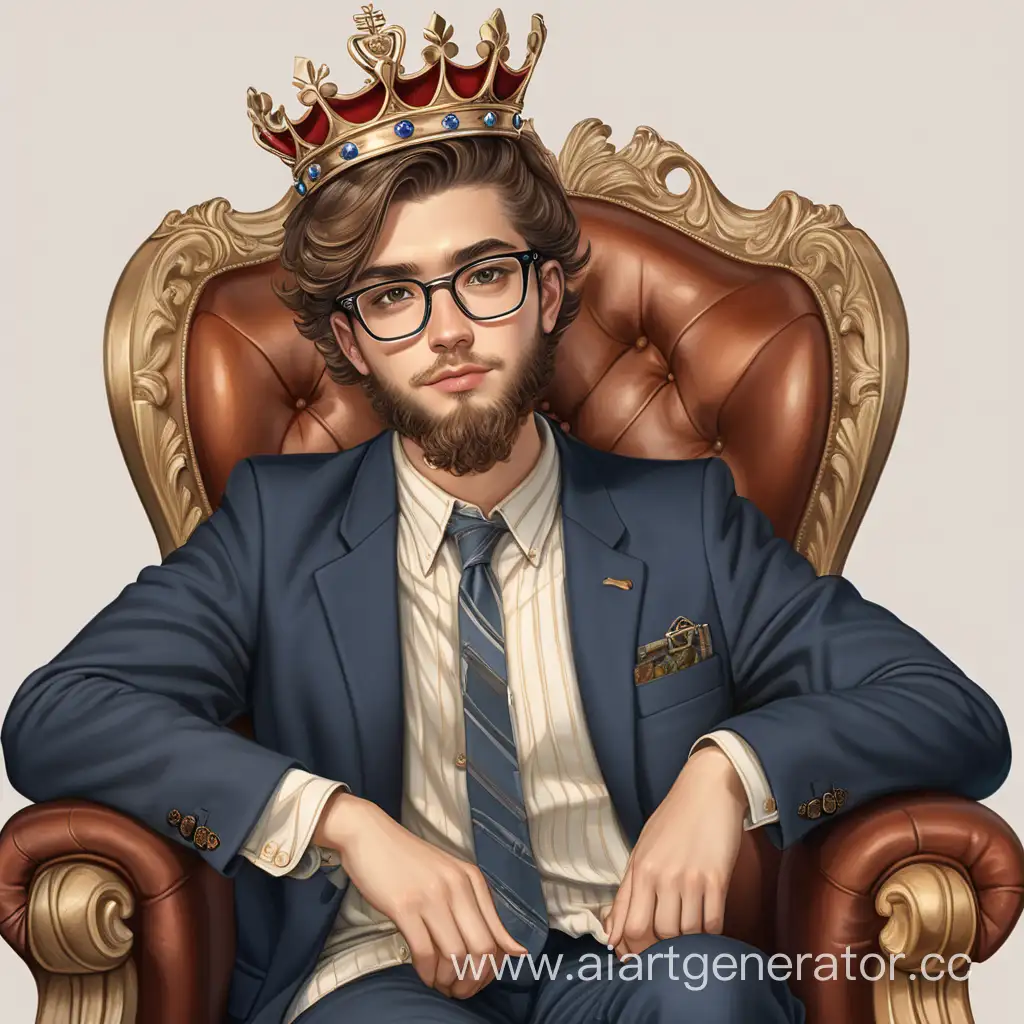 Young-Wealthy-Man-Wearing-Crown-and-Glasses-Sitting-on-Chair