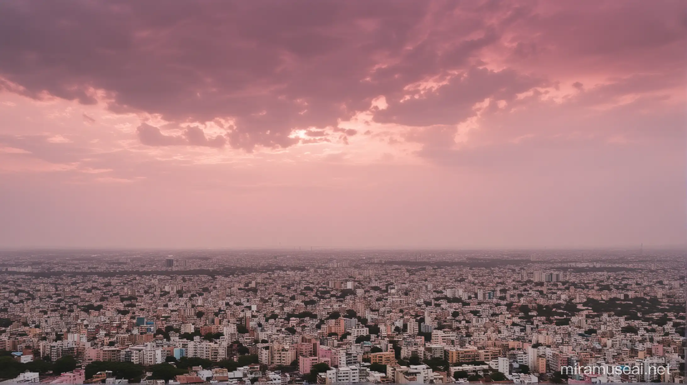 cinematic extreme wide shot of hyderabad city scape with pink sky and cloudy atmosphere