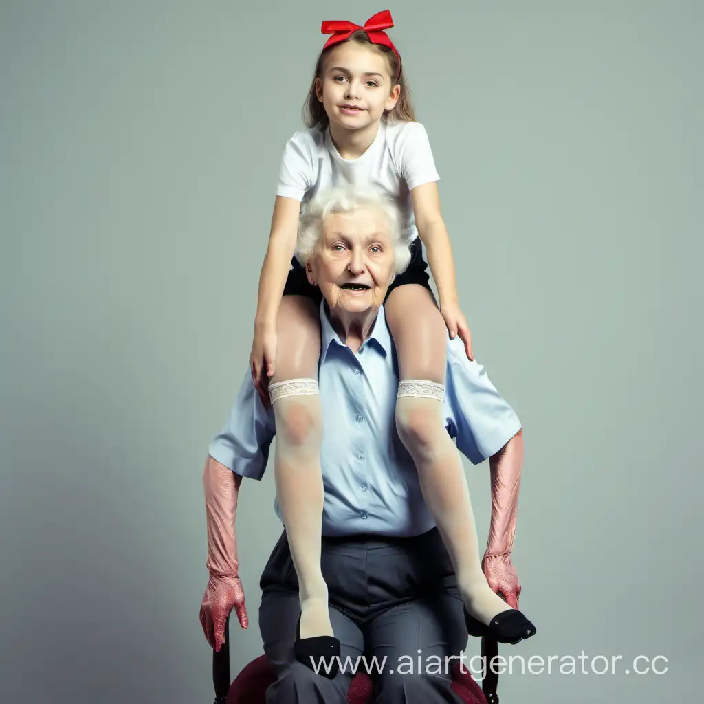 молодая девушка в колготках сидит на плечах у пожилой женщины