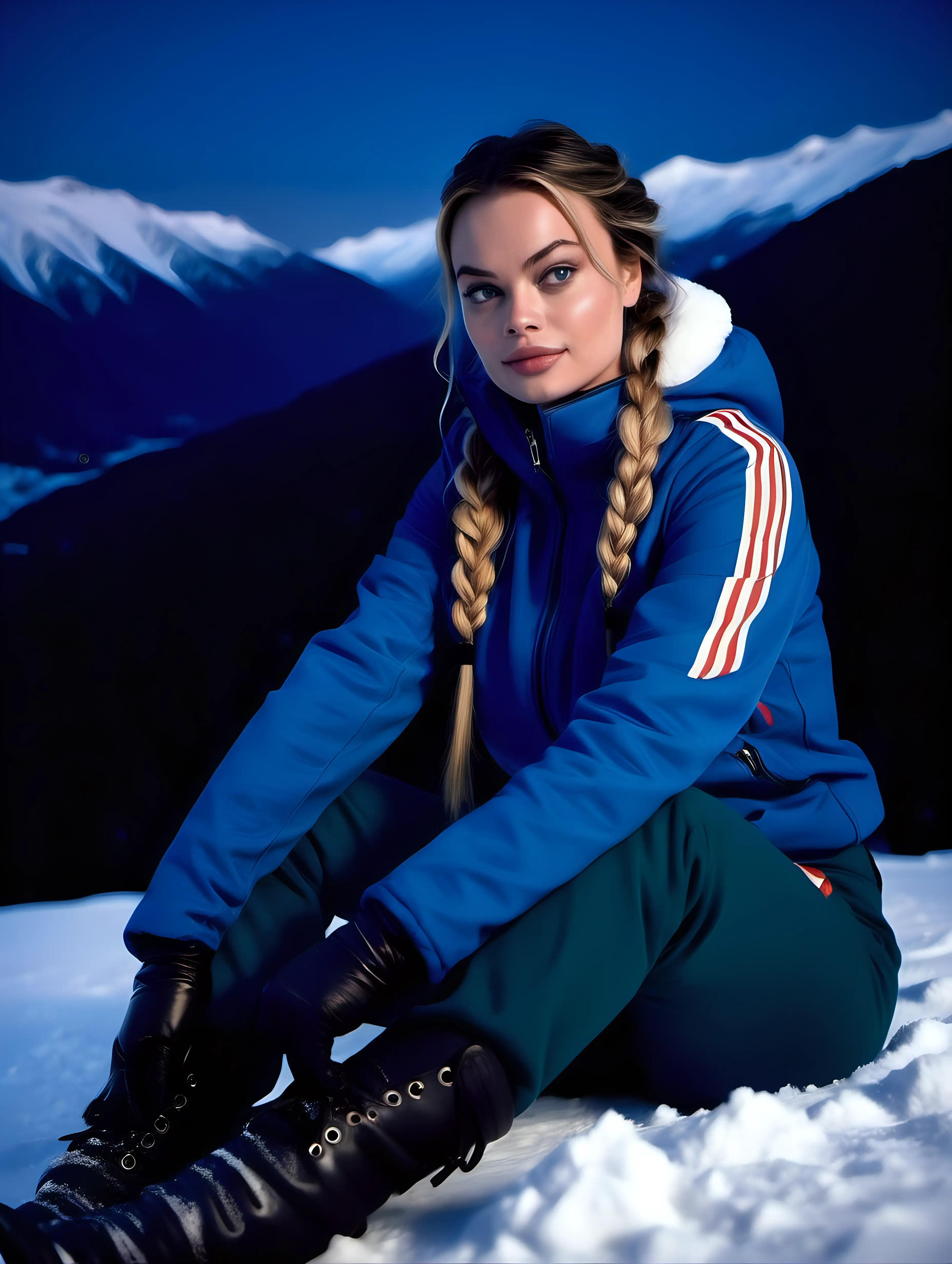 Snowy Mountain Night Margot Robbie Lookalike in Ski Attire
