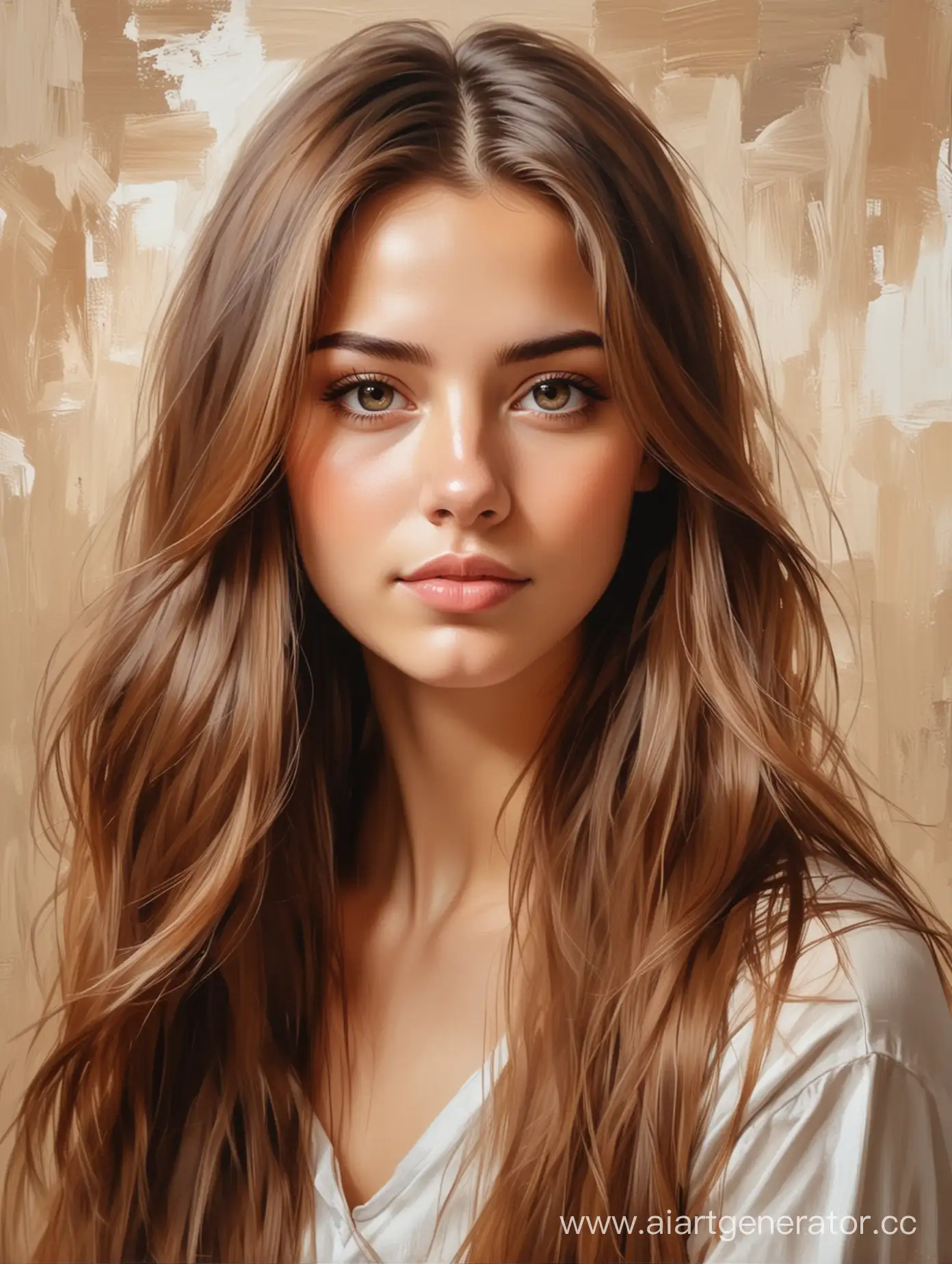 портрет девушки с длинными коричневыми волосами, фон бежевый белый коричневый стиль мазки кисти масляная живопись, текстура холст