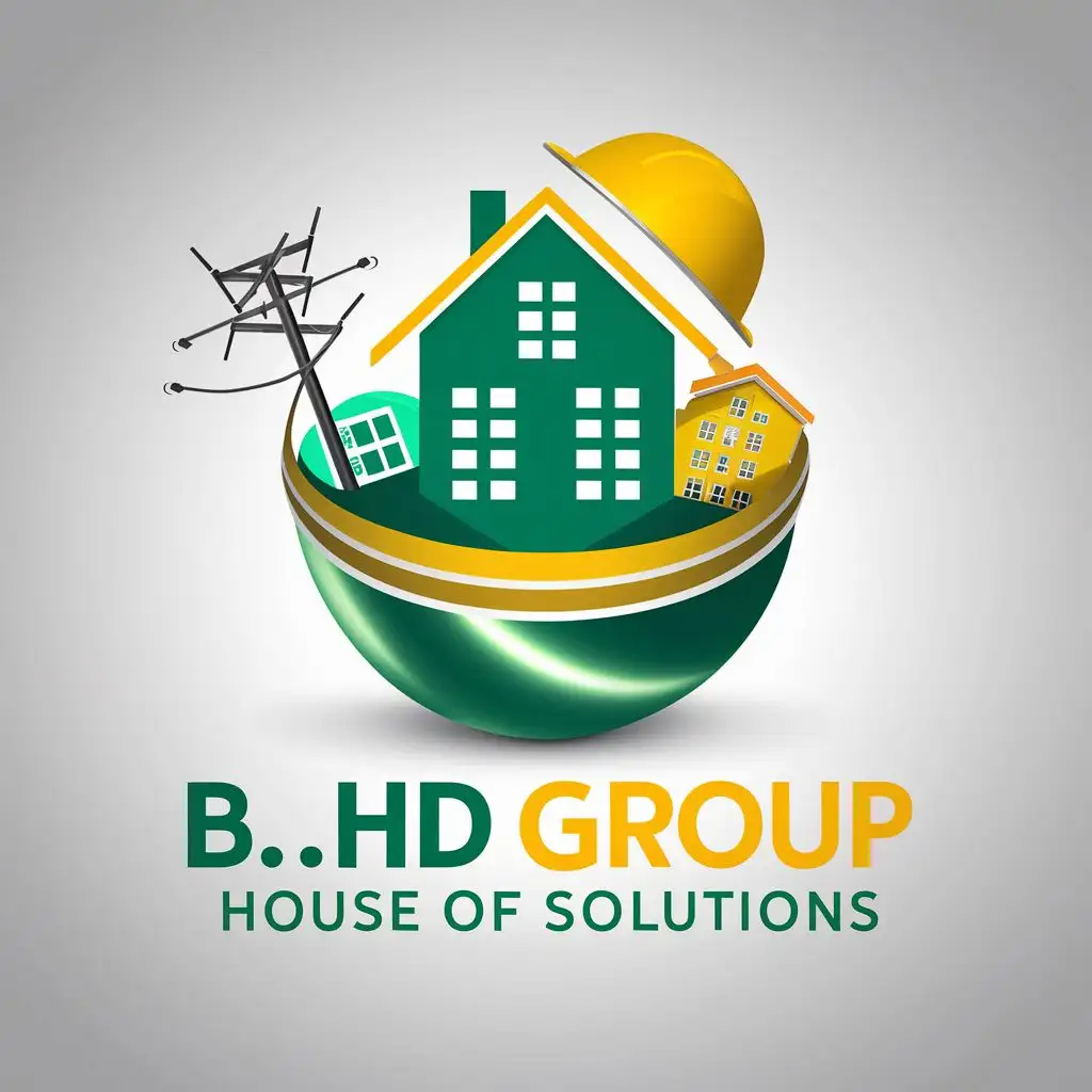 logo, a house with helmet and electricity sign and real estate and architecture , everything covered around by a ball 
colors are : green house , yellow helmet, with the text "B.H.D GROUP
House of Solutions", typography, be used in Real Estate industry