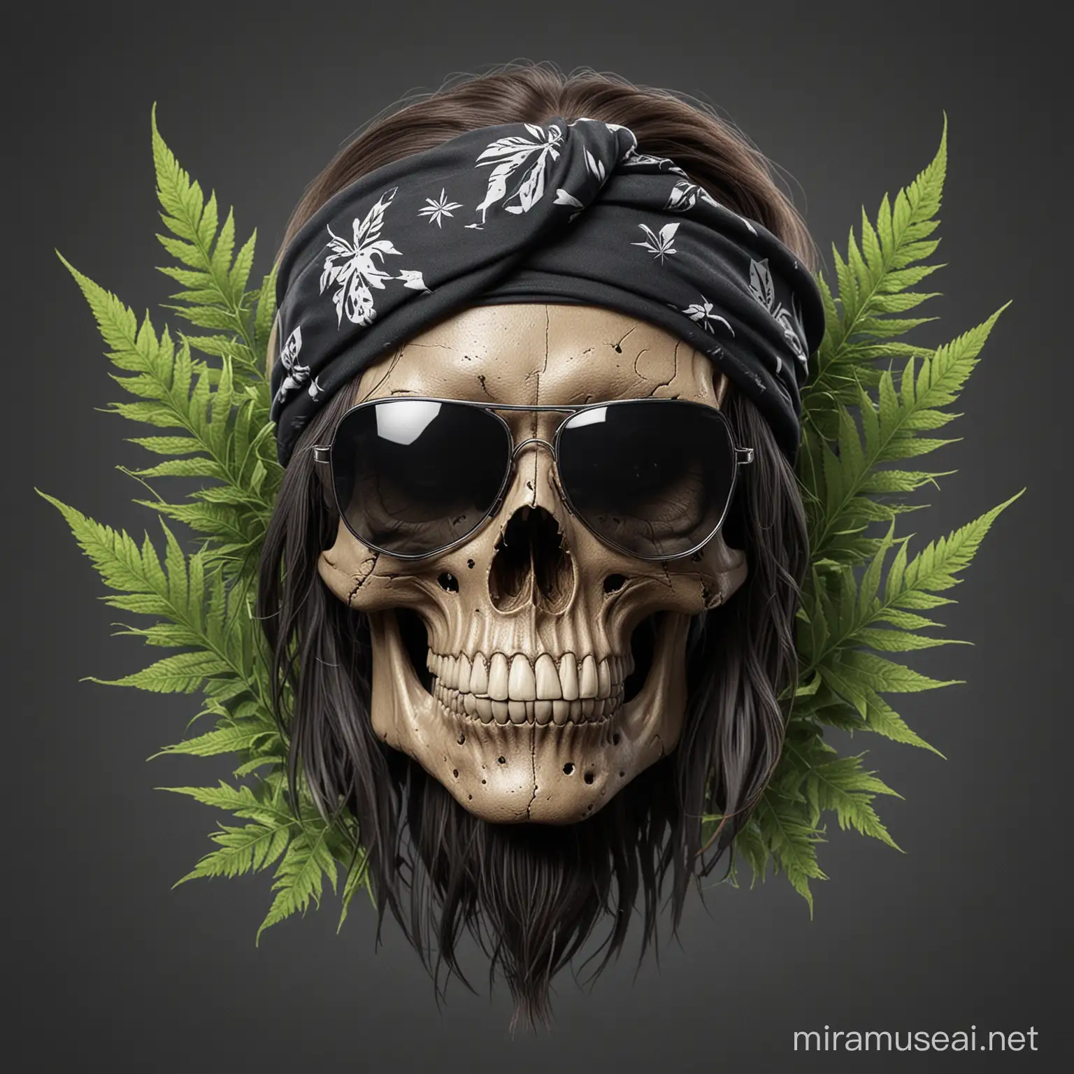 A detailed illustration a Dead Skull wearing trendy small round inspired shades , with bandana on the head with weed leaf, black rims, long hair, hippy, stoner, ,t-shirt design, t-shirt design, 3D vector art, 
cartoon effect ,Adobe Illustrator, hand-drawn, digital
painting, low-poly, soft lighting, retro aesthetic, focused on
the character, 4K resolution, photorealistic rendering, using Cinema 4D --s 750 --style raw
