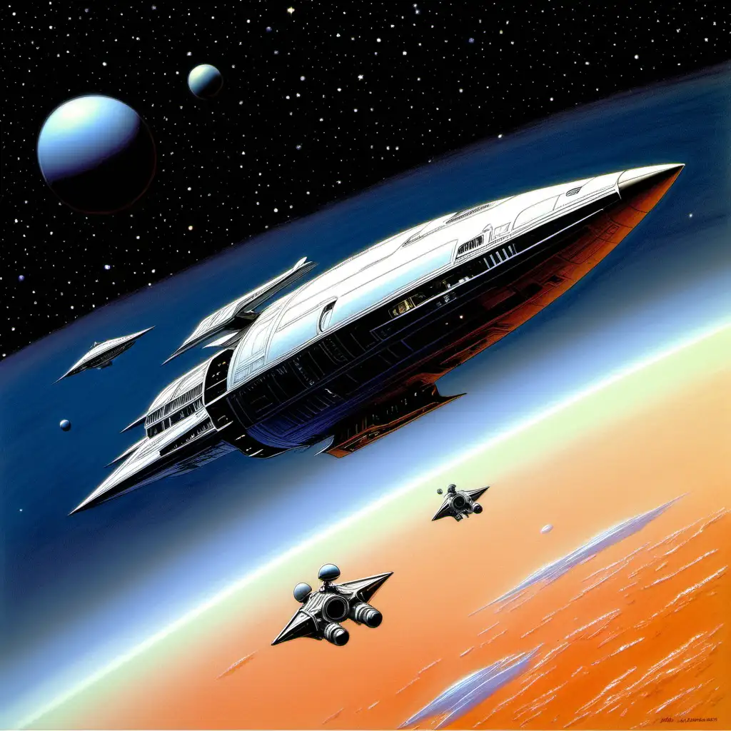 space ship in space drawn by Ralph McQuarrie