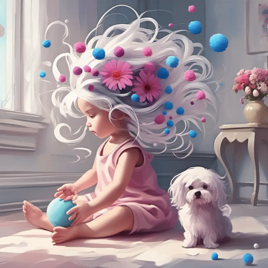 copy image 
abstract little girl with flowers in her white hair WITH DARK PINK and blue a lot OF CURLED UP hair , playing with a toy top orbs flying in the room maltese sitting next to the little girl
