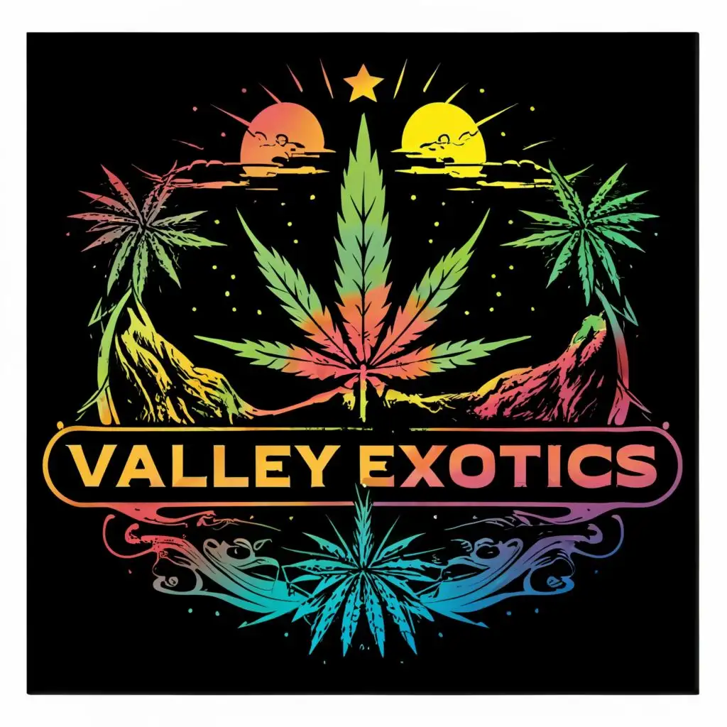 logo, cannabis, with the text "Valley Exotics", typography, sunset color gradient