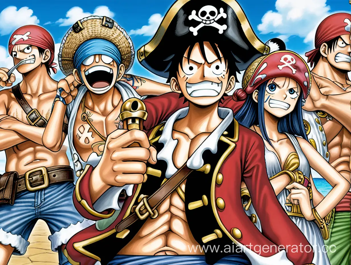 A man with a pirate blindfold, which is a star-shaped pirate blindfold, and that man with a blue navy chief officer's dress and hat, that dress, and that man's body shape, face, eyes, and mouth are similar to Luffy in the anime. It is one piece
