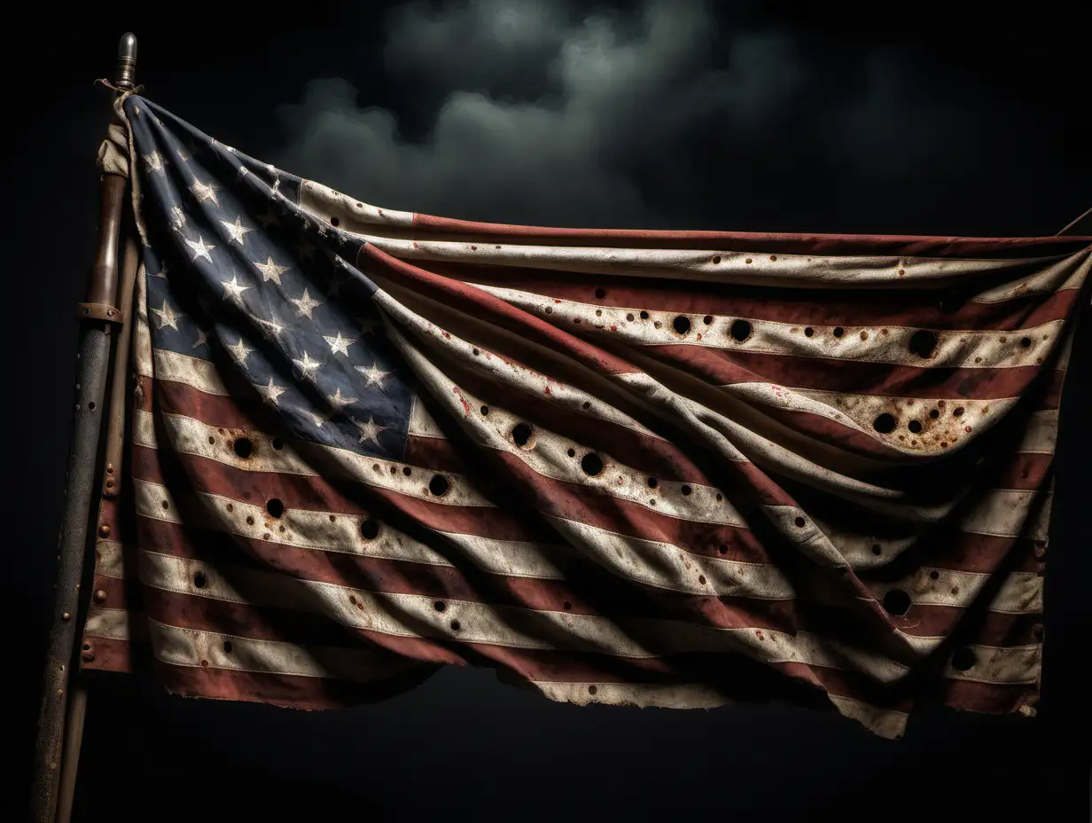 just the 1776 American flag battle worn with bullet holes no people in style of realism by frank frazetta and annie leibovitz, emotive and moody and muted, dark background