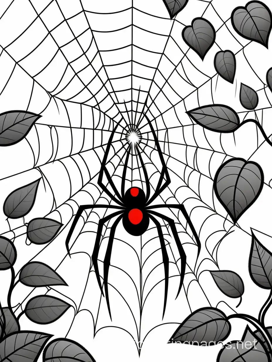 detailed dagger with black widow spider web  leaves, Coloring Page, black and white, line art, white background, Simplicity, Ample White Space. The background of the coloring page is plain white to make it easy for young children to color within the lines. The outlines of all the subjects are easy to distinguish, making it simple for kids to color without too much difficulty