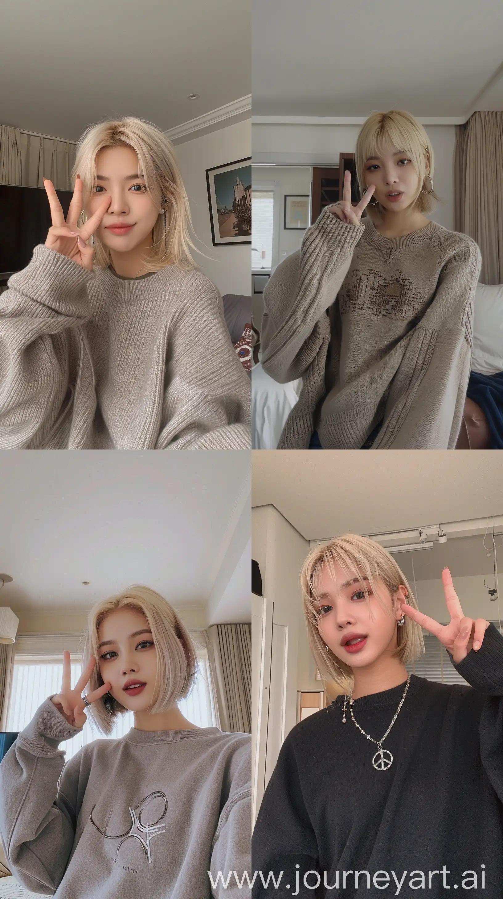 Aesthetic instagram pfp blackpink's jennie with blonde wolfcut hair and wide set eyes making peace sign in room, wearing oversize stussy crewneck --ar 9:16