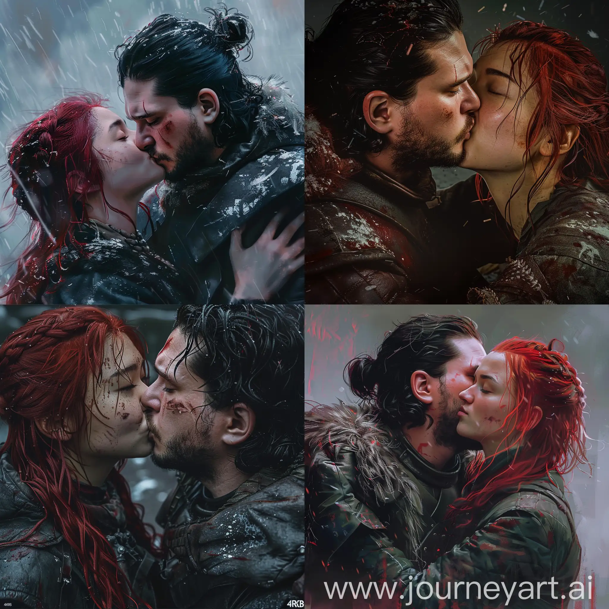 Jon Snow from game of thrones kisses asian girl with red hair, post apocalypses, "The last of us" game style and atmosphere, 4K 