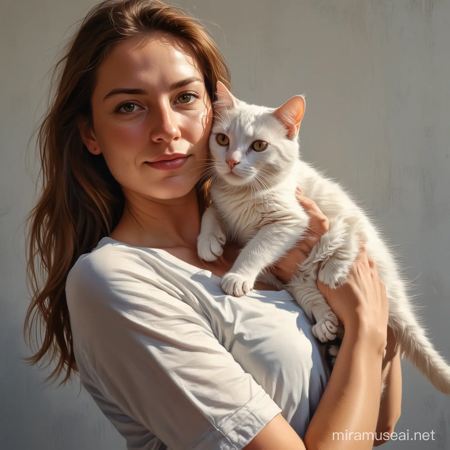 Frau mit Katze auf dem Arm, in Öl gemalt, lebendig, detailliert, Licht und Schatten