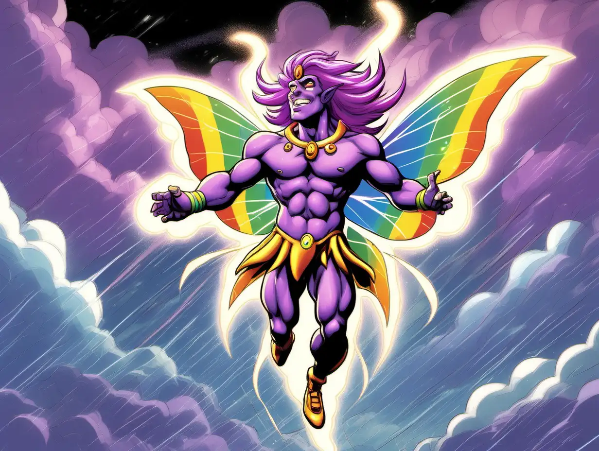 Majestic Rainbow Fairy Soaring Amidst Storm Clouds with Lightning Bolt