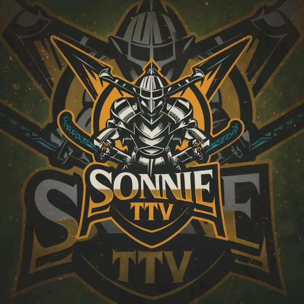 a logo design,with the text 'Sonnie TTV', main symbol:Knight with Two-Swords and a banner,complex,be used in Entertainment industry,clear background