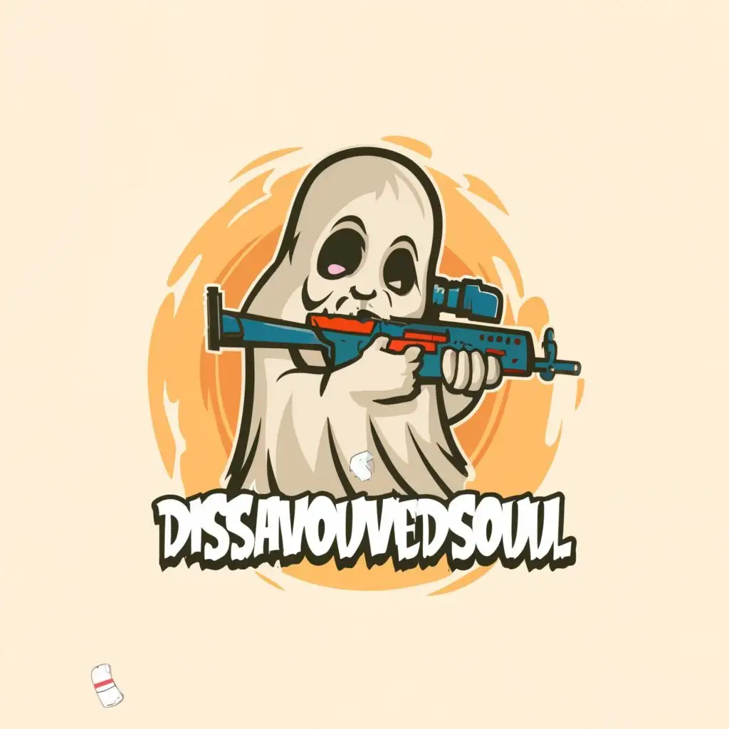 logo, A ghost holding an M16 with a band-aid on one cheek and an angry grin cartoon style, with the text "Disavowedsoul", typography, be used in Internet industry