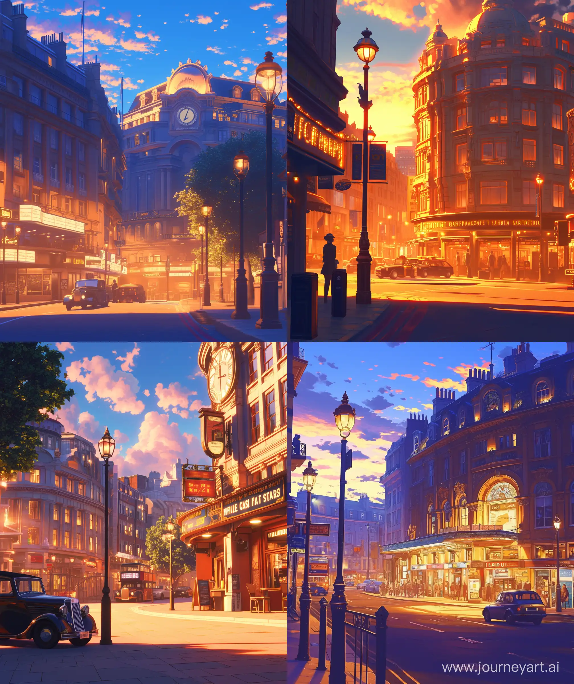 Beautiful retro anime look, street view, busting city, car, lamp posts, cinema hall, london, cafe, glowing sign board, evening time, sunlight over building, retro look,  anime style image, mesmerizing look --ar 27:32 --niji 6