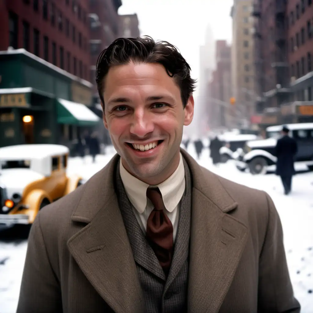 Full colour image. A man in his 30s with short messy brown hair. He has a friendly smile but his eyes and intonation add an air of menace. He is wearing a 1920s suit and an overcoat with the collar turned up. A toothpick hangs from the corner of his mouth. Background is a snowy New York street.
