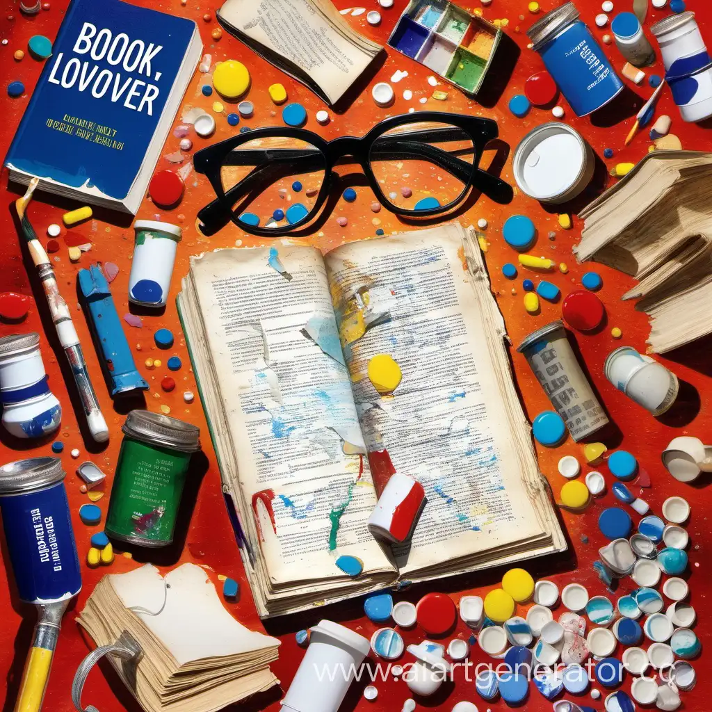 Облощка для книги с названием "Книголюб" книги, очки, мальберт, краски, расбросанные таблетки, порванные листы