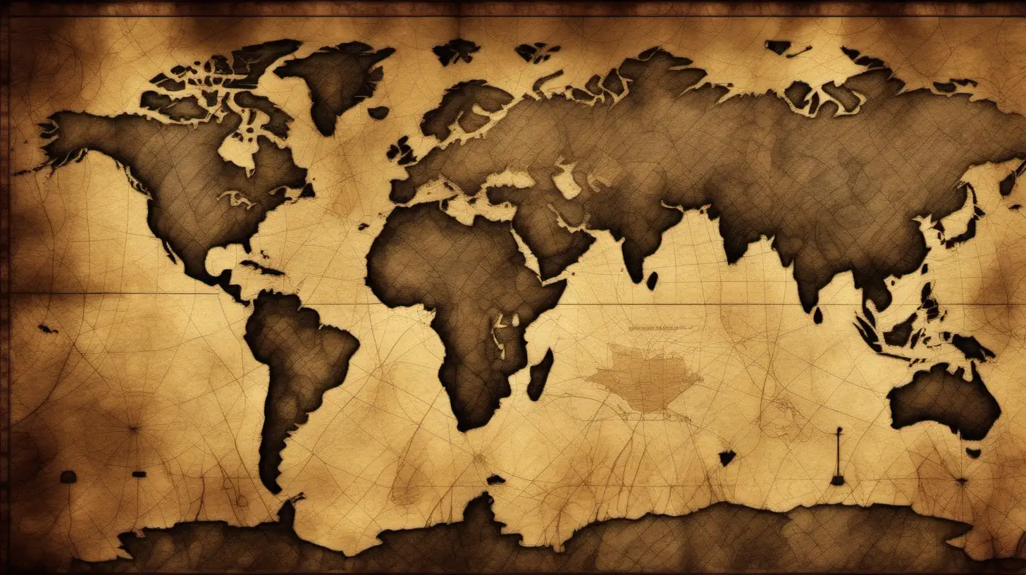 Vintage Withered World Map in Mysterious Light Browns and Blacks